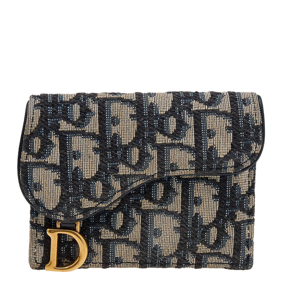 Pre Owned Dior Navy Blue/Beige Oblique Canvas Saddle Wallet