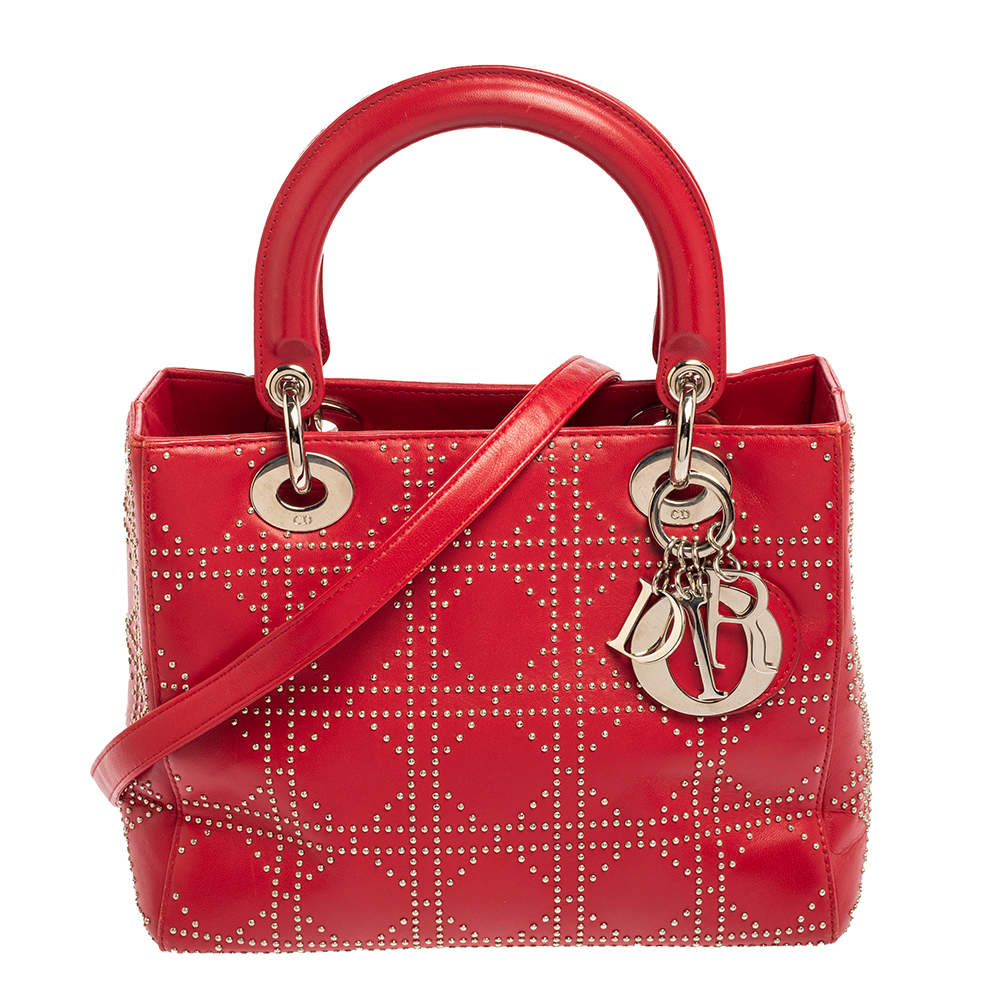 Pre Owned حقيبة يدتوتس كريستيان ديور ليدي ديور جلد أحمر كاناج مرصع فينتدج متوسطة