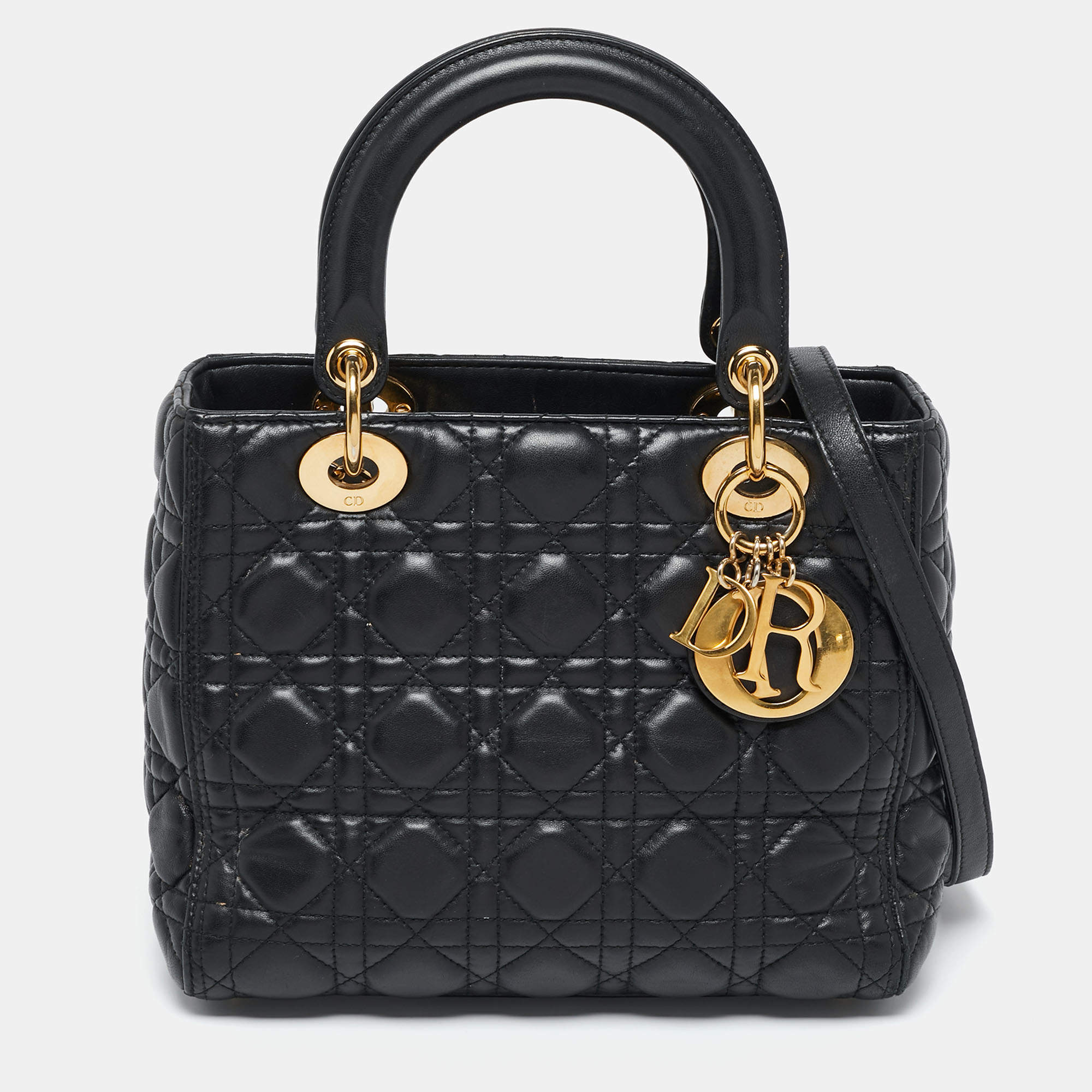 Pre Owned Dior Black Cannage Leather Medium Lady Dior Tote