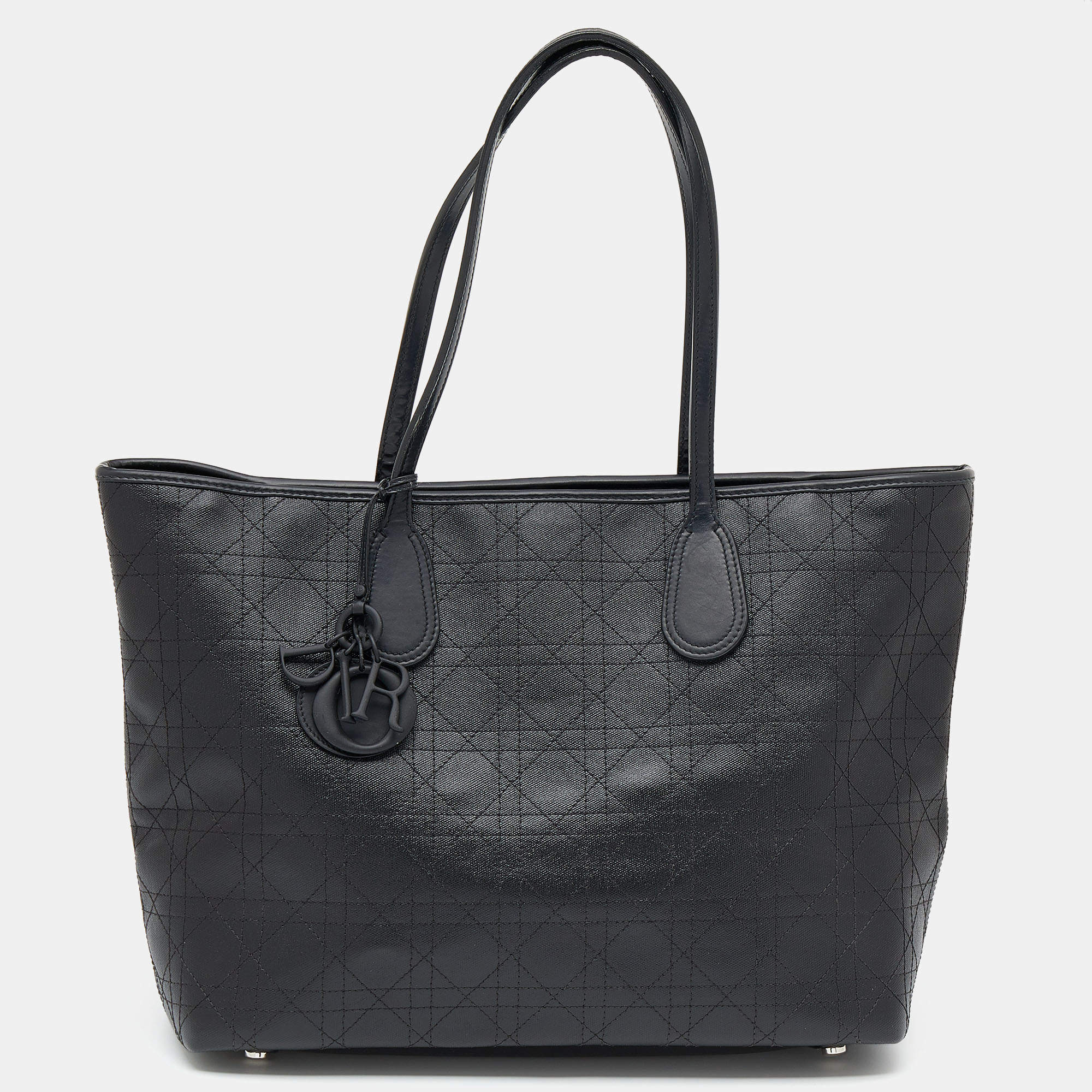 Pre Owned Dior Black Cannage Coated Canvas And Leather Medium New Panarea Shopper Tote