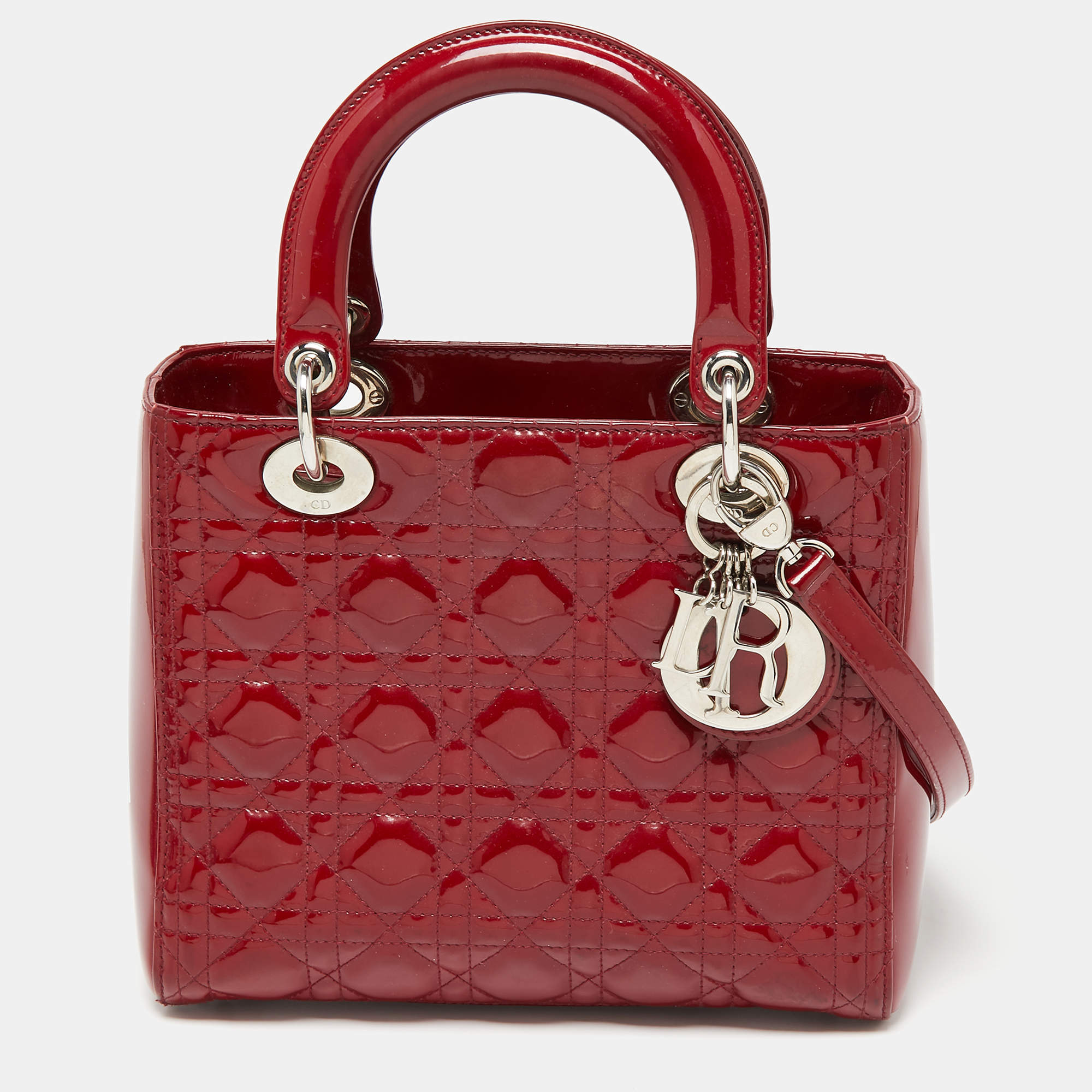 مملوكة مسبقًا Dior Red Cannage Patent Leather Medium Lady Dior Tote