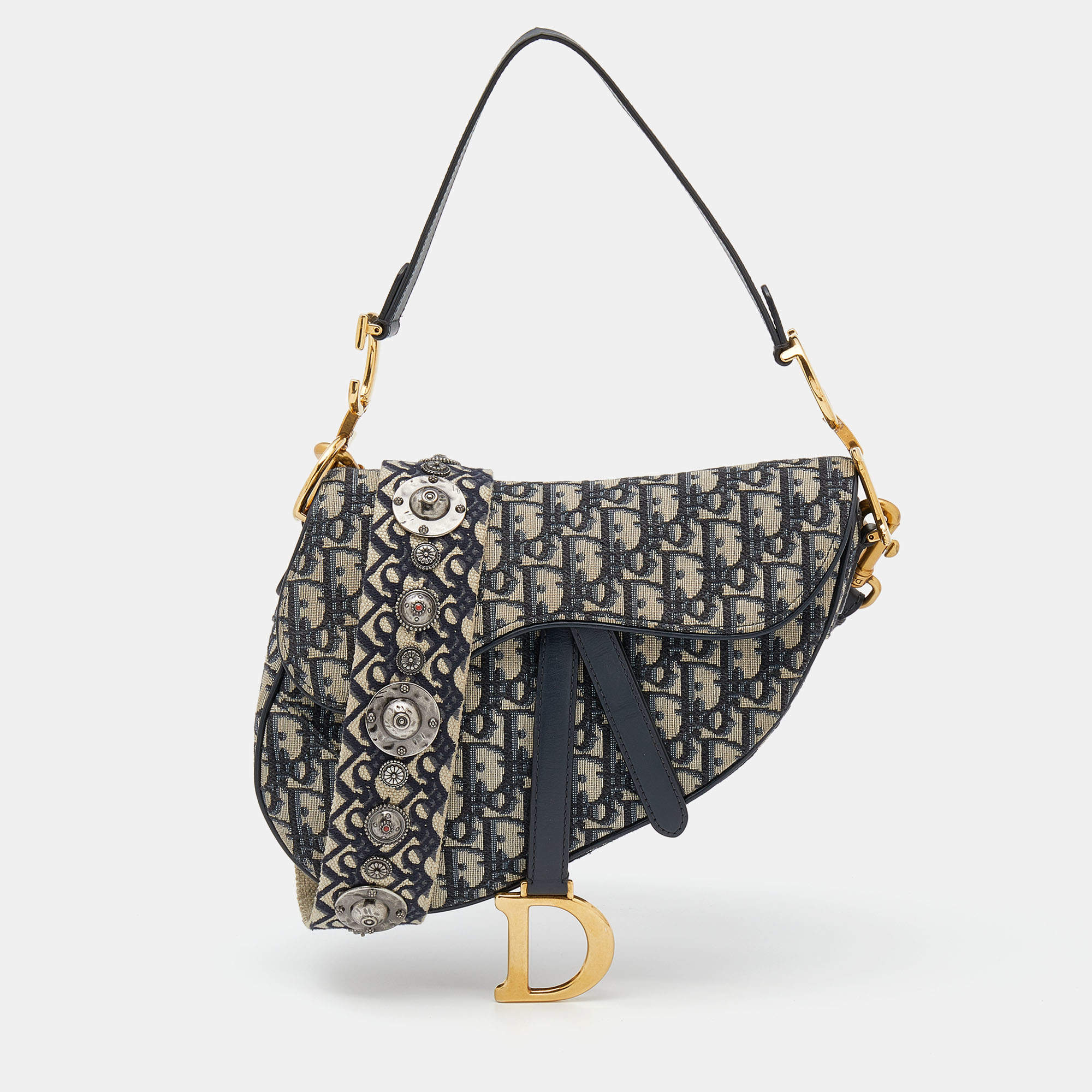 Pre Owned Dior Navy Blue/Beige Oblique Jacquard And Leather Saddle Bag