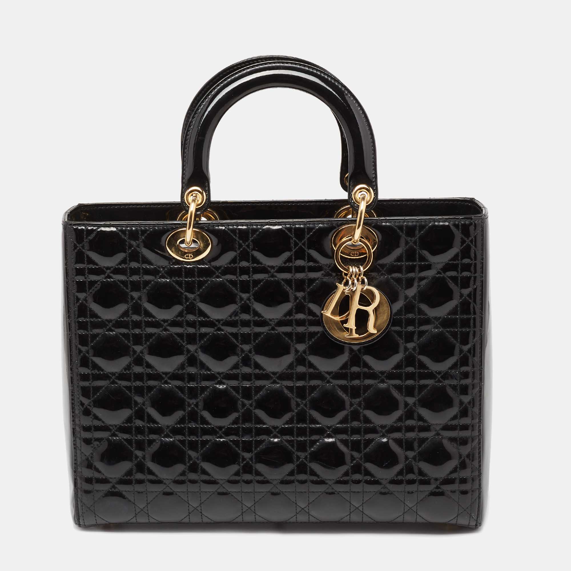 Pre Owned Dior Black Cannage Patent Leather Large Lady Dior Tote