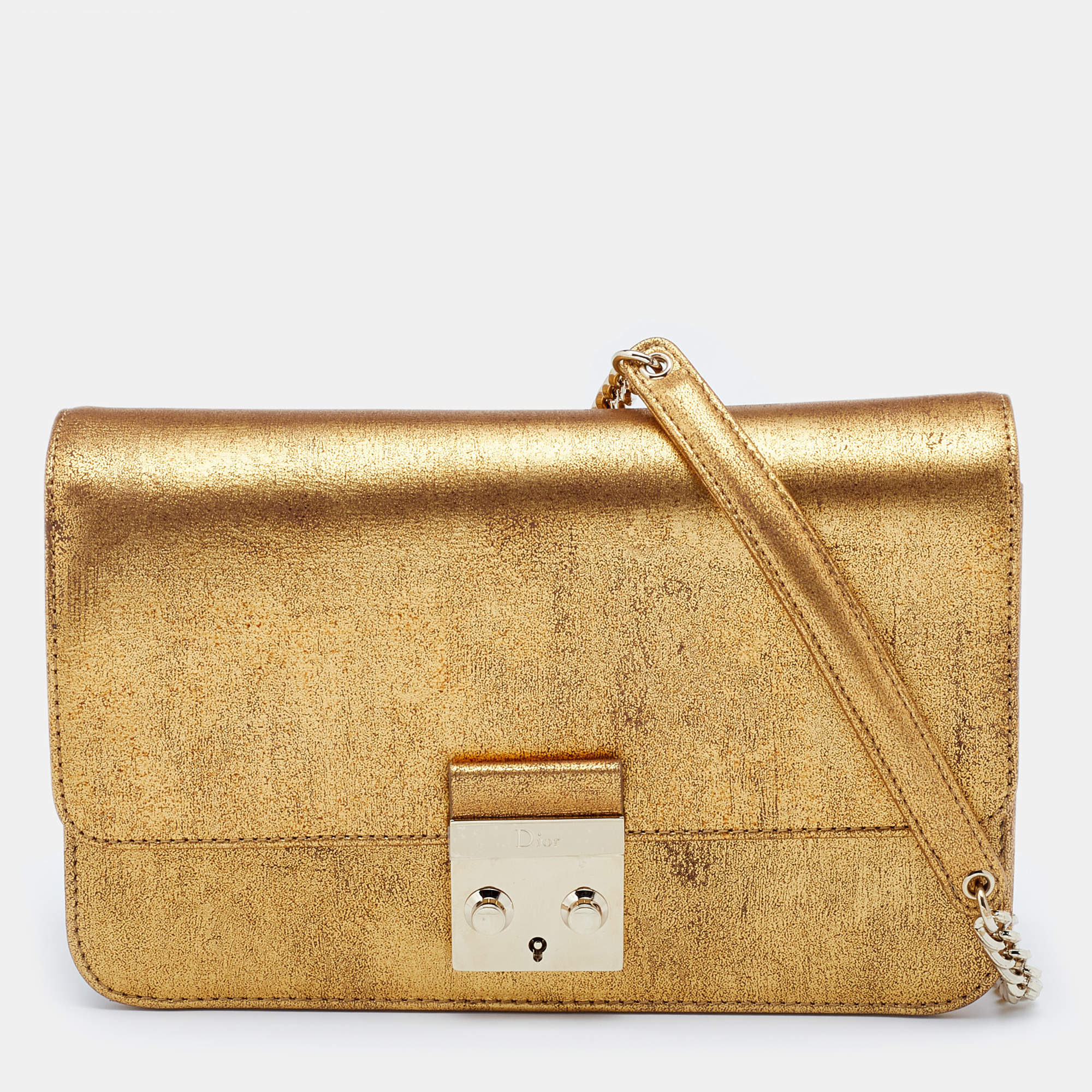 Pre Owned Dior Metallic Gold Crinkled Leather Miss Flap Shoulder Bag