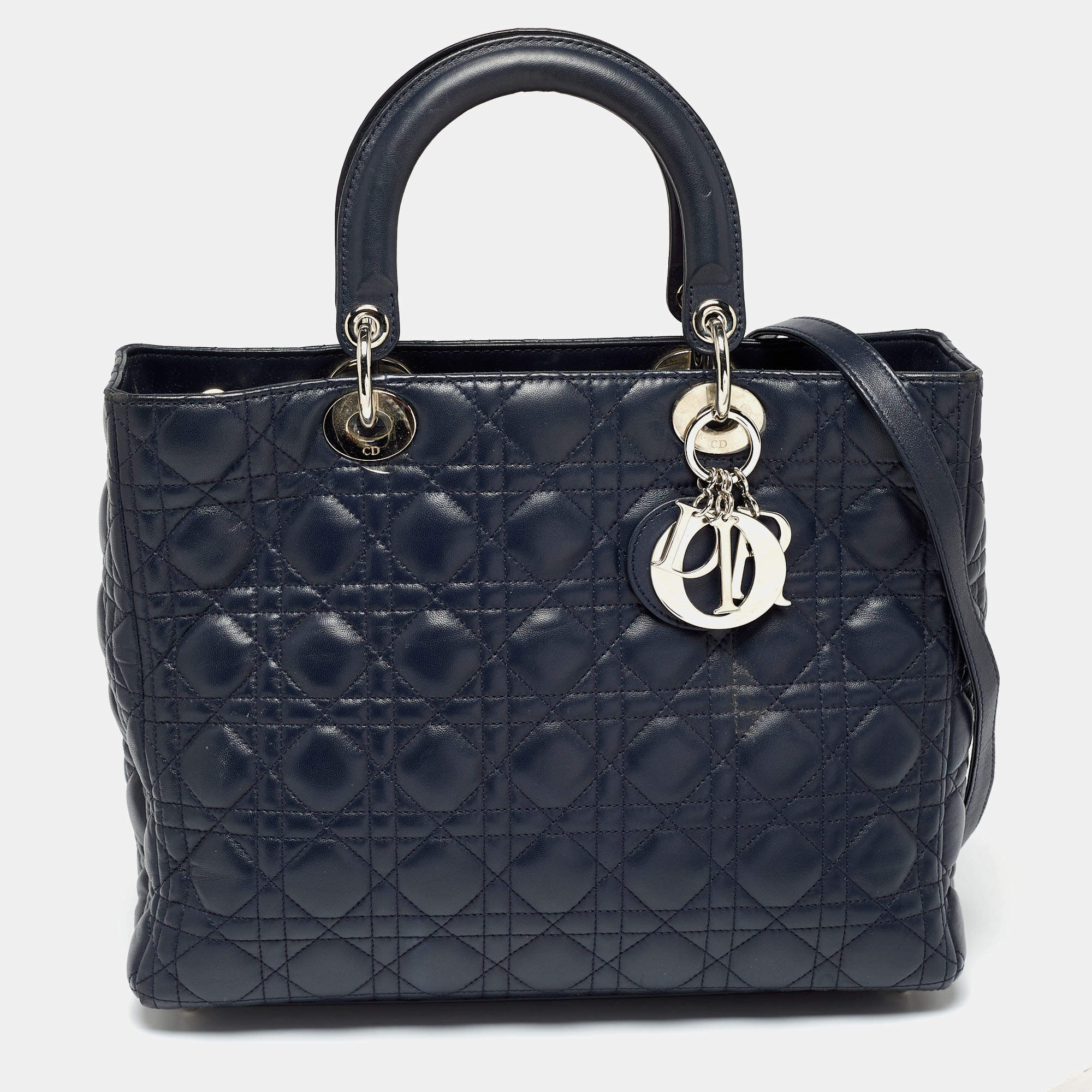Pre Owned Dior Navy Blue Cannage Leather Large Lady Dior Tote