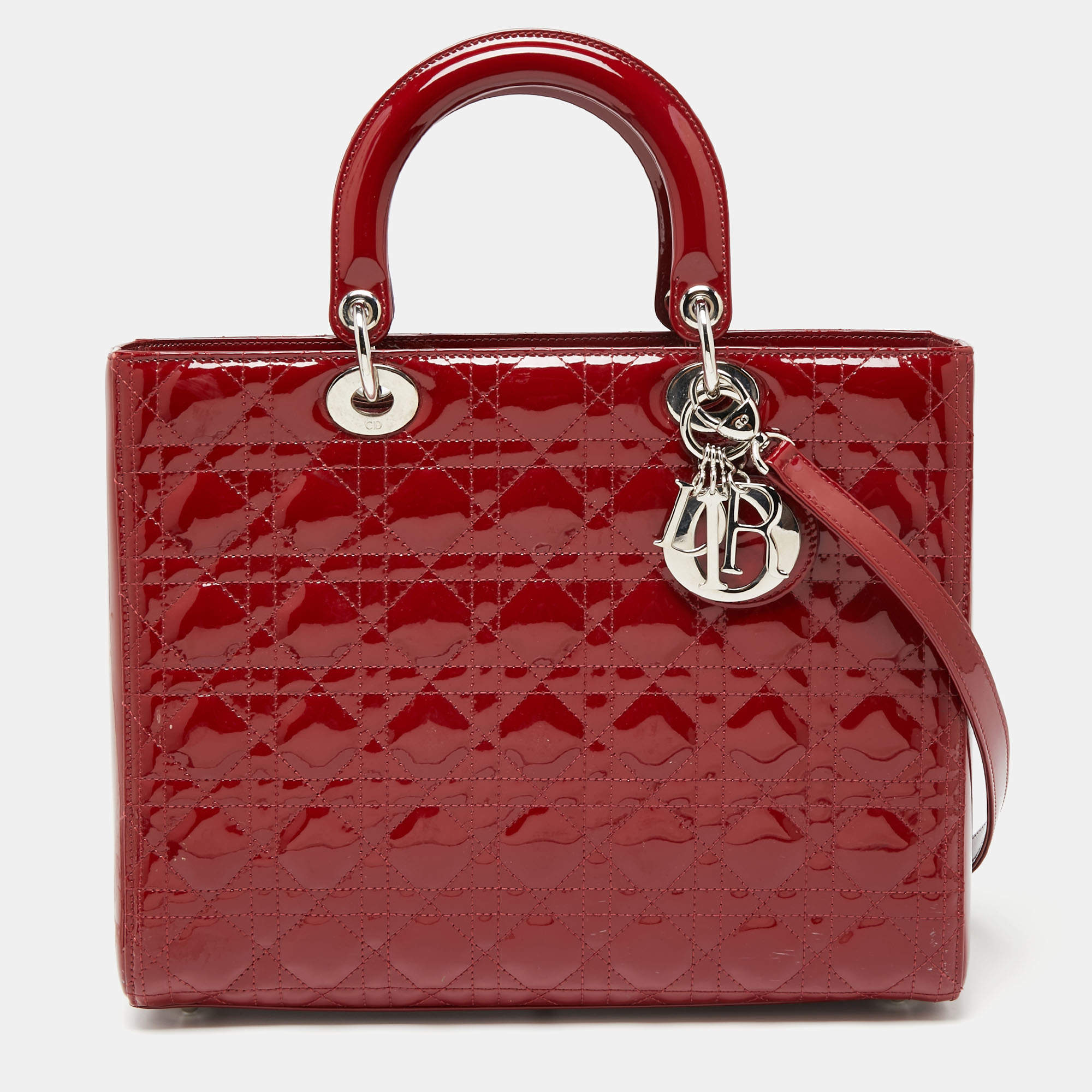 Pre Owned Dior Red Cannage Patent Leather Large Lady Dior Tote