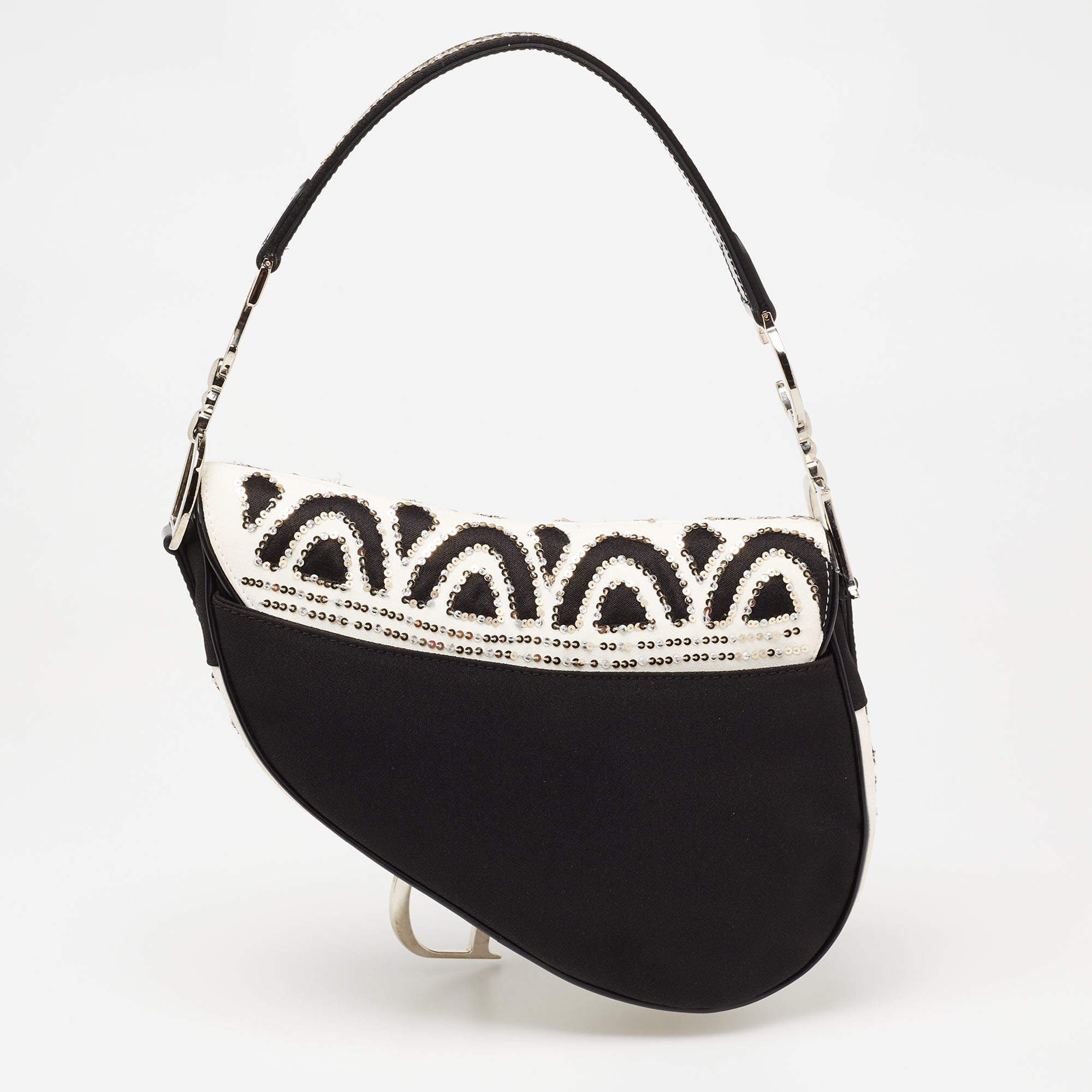 CHRISTIAN DIOR Satin Sequin Embellished Saddle Bag Black White 322339