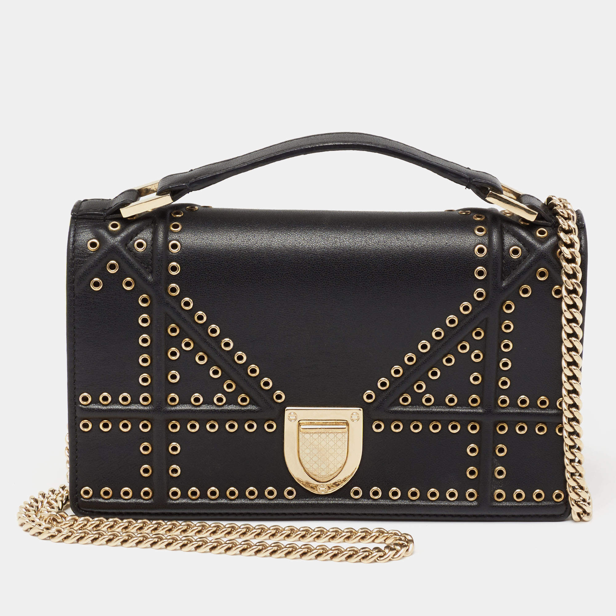 Pre Owned Dior Black Cannage Leather Studded Diorama Wallet On Chain 