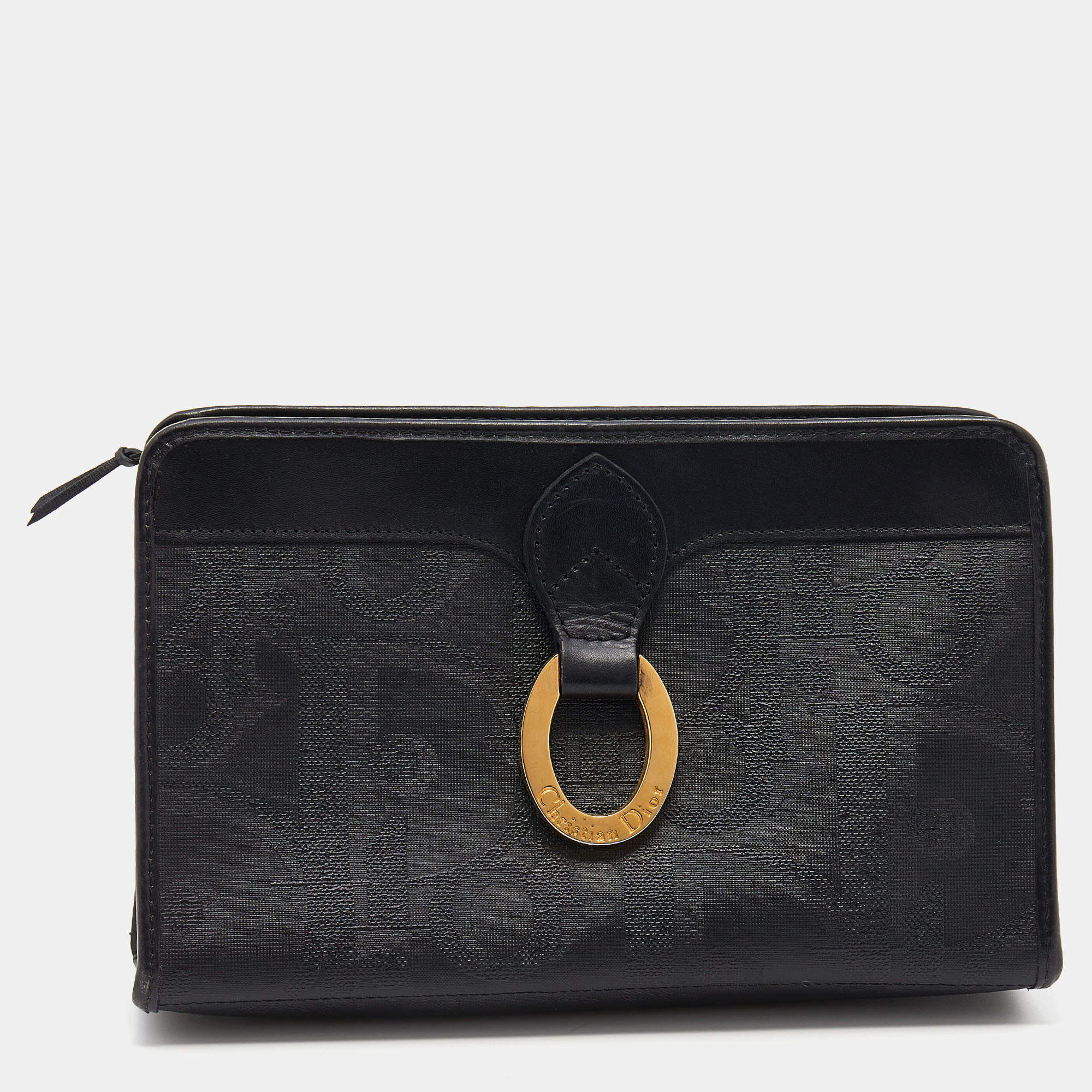 Pre Owned Dior Black Oblique Coated Canvas And Leather Clutch