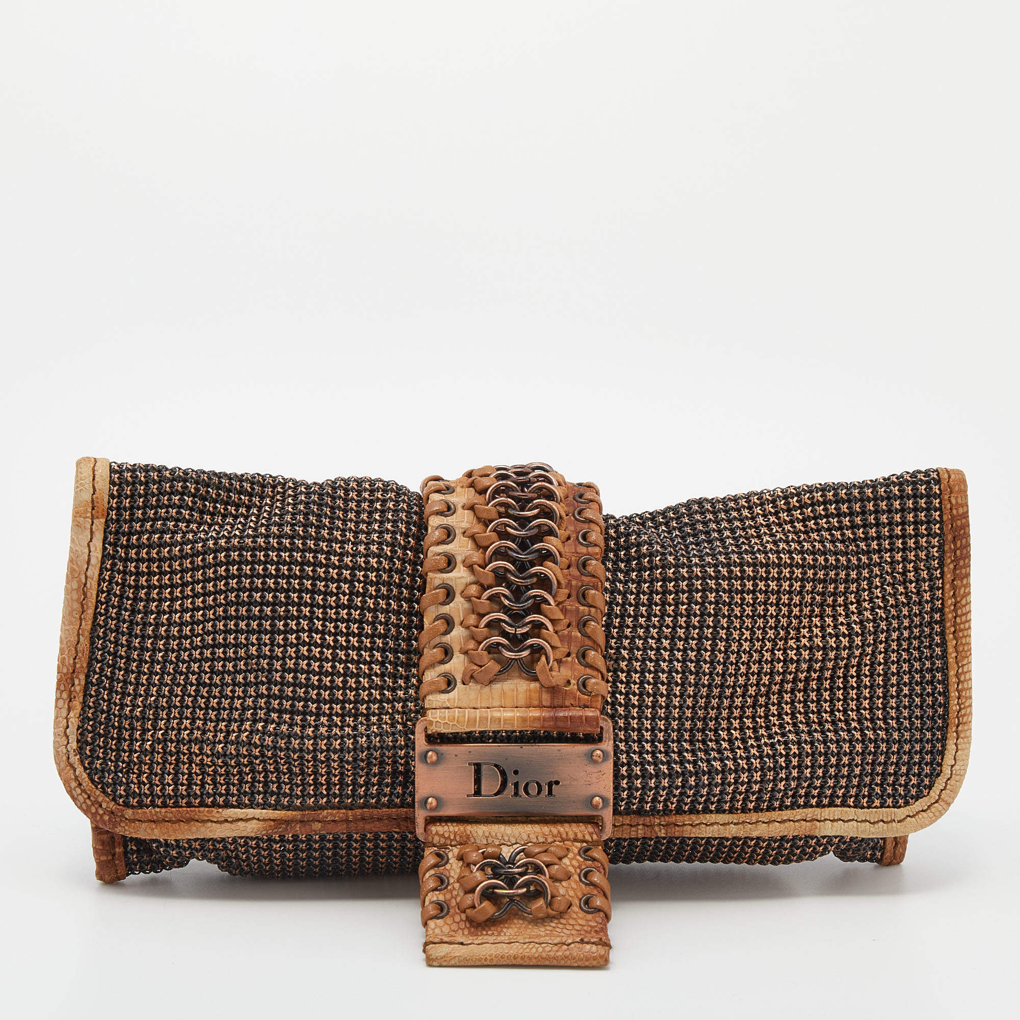 Pre Owned Dior Metallic Bronze Metal Mesh and Lizard Clutch
