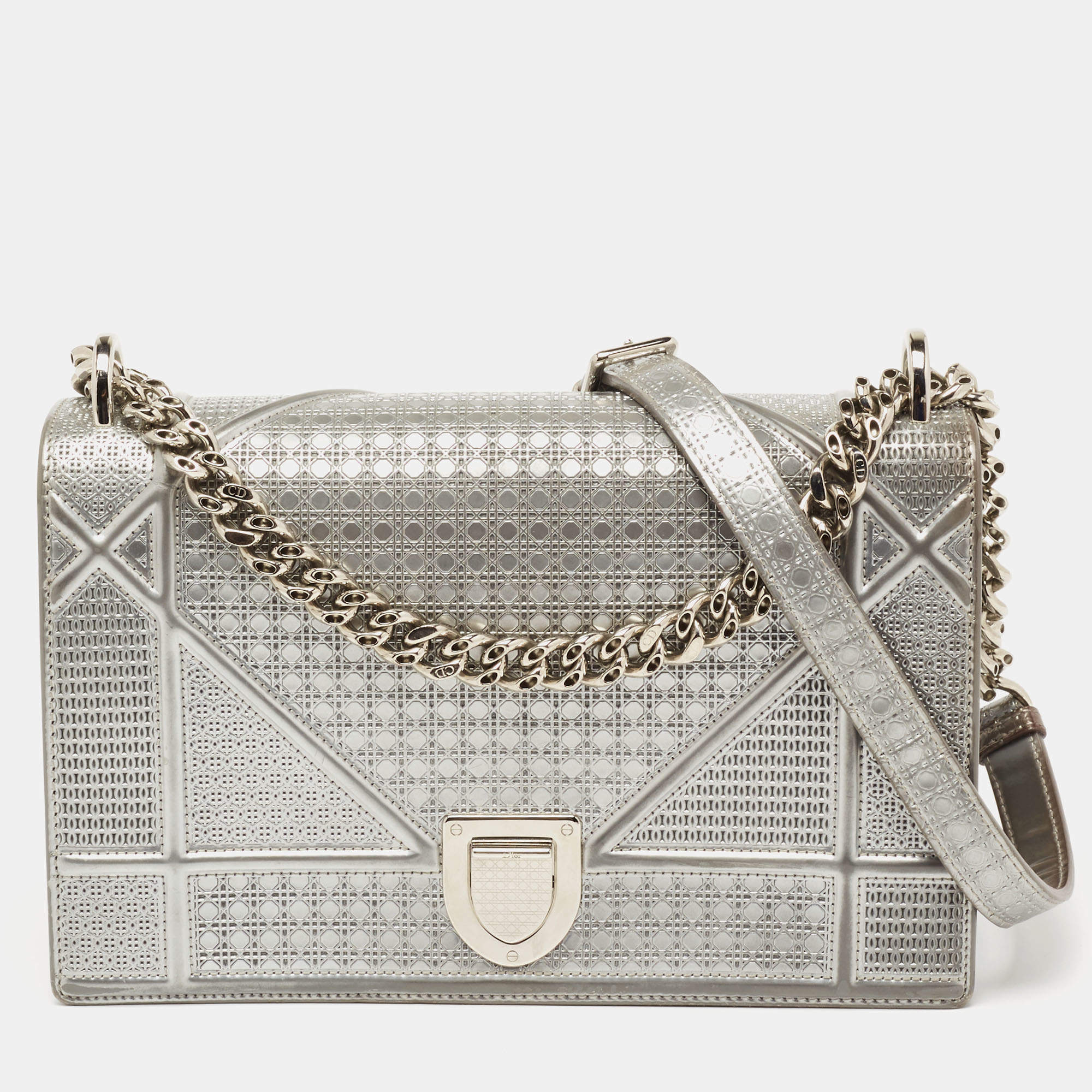 Dior Metallic Silver Micro Cannage Patent Leather Medium Diorama Shoulder Bag