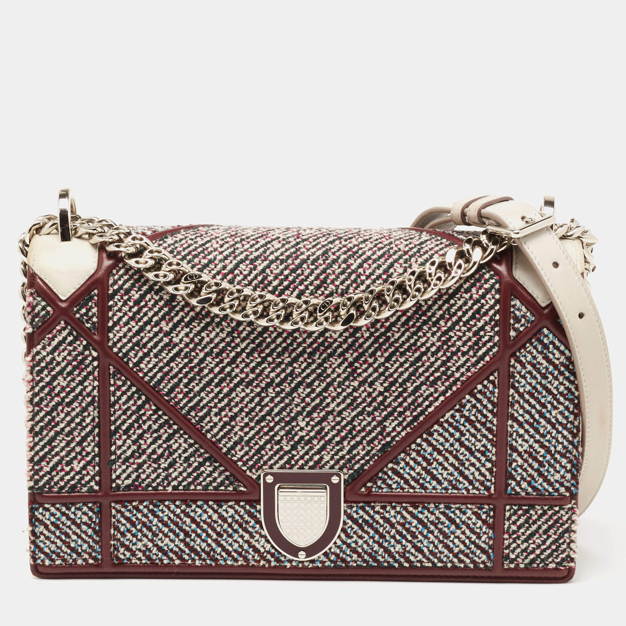 مملوكة مسبقًا Dior Burgundy Tweed and Leather Medium Diorama Flap Shoulder Bag