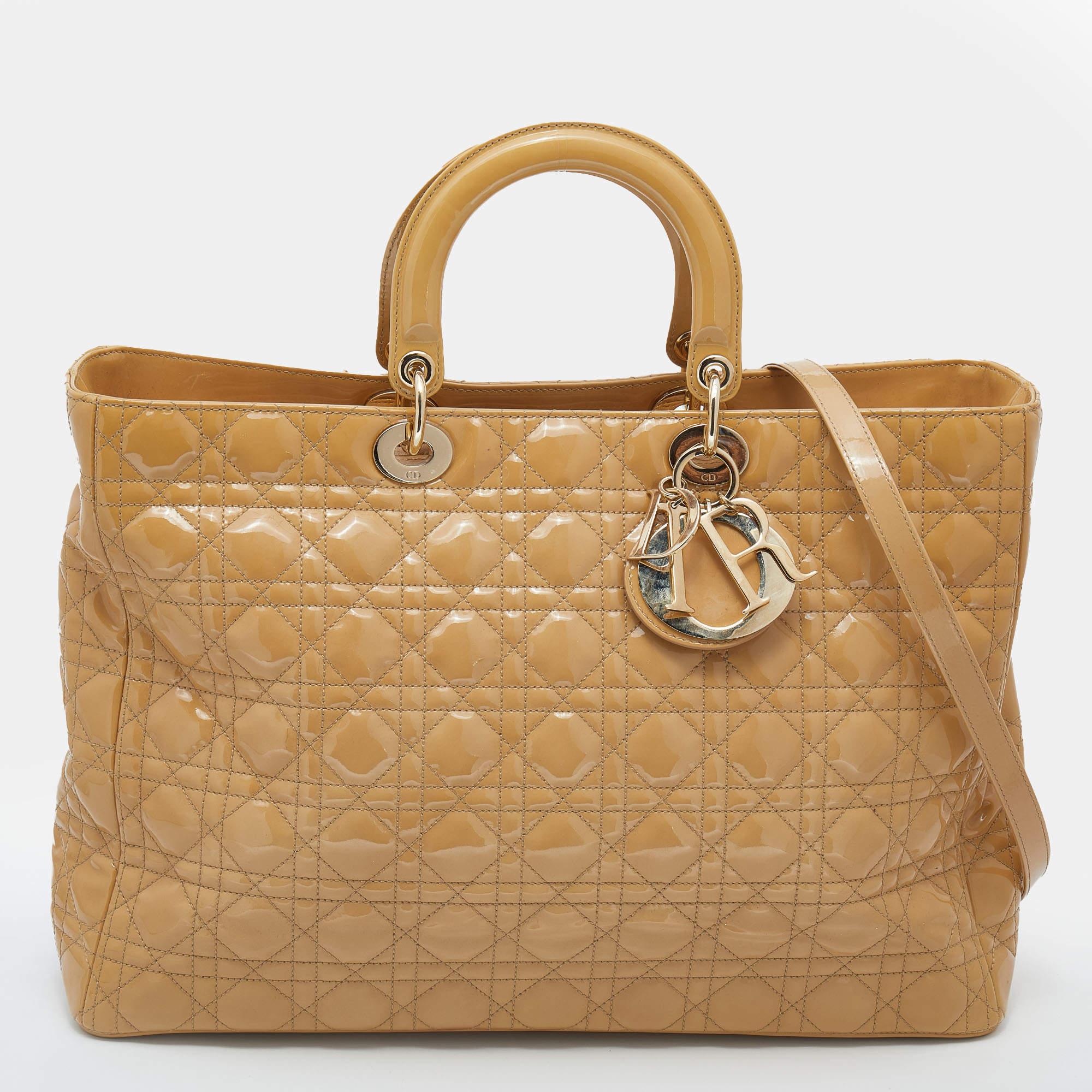 Pre Owned Dior Beige Cannage Patent Leather Extra Large Lady Dior Tote