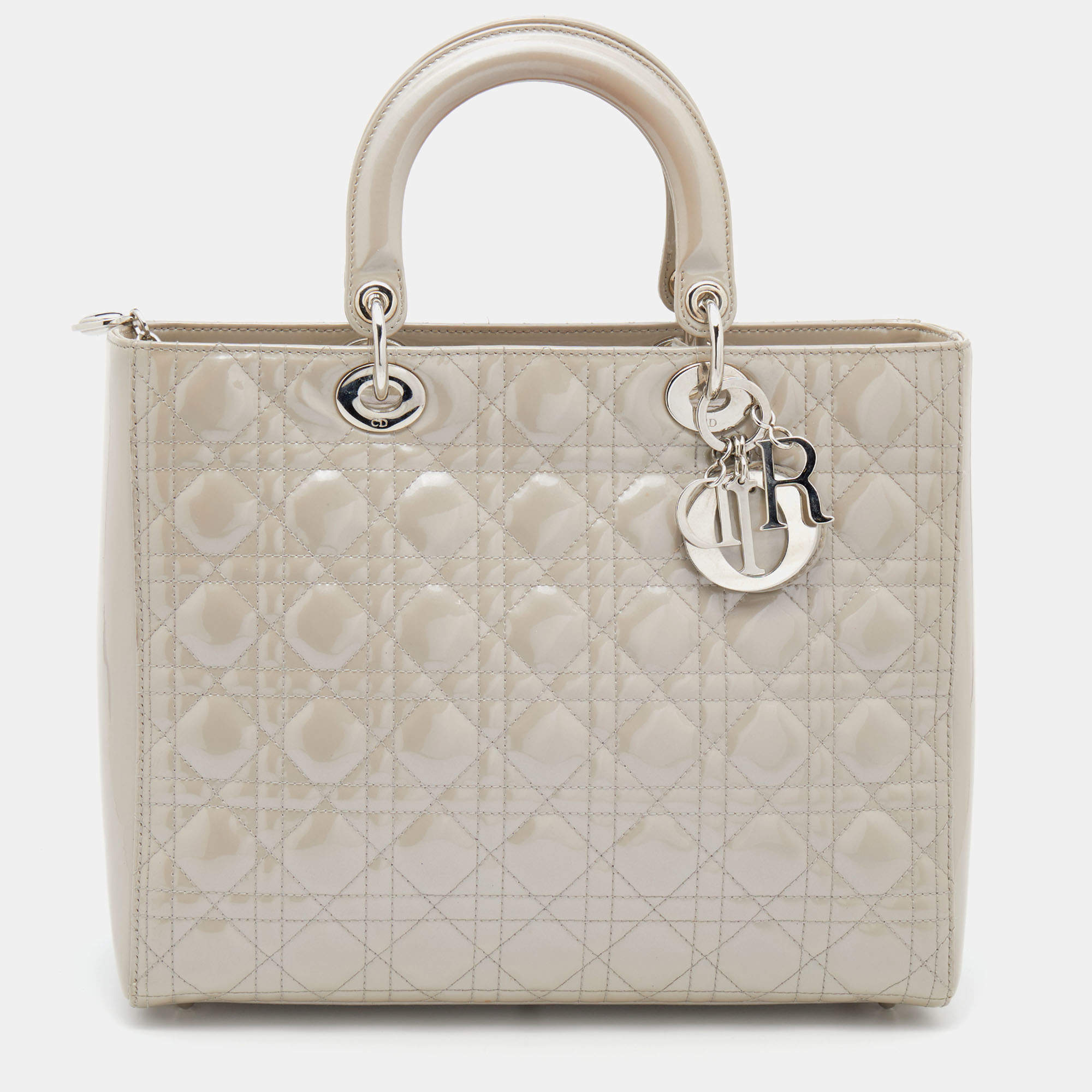 Pre Owned Dior Grey Cannage Patent Leather Large Lady Dior Tote