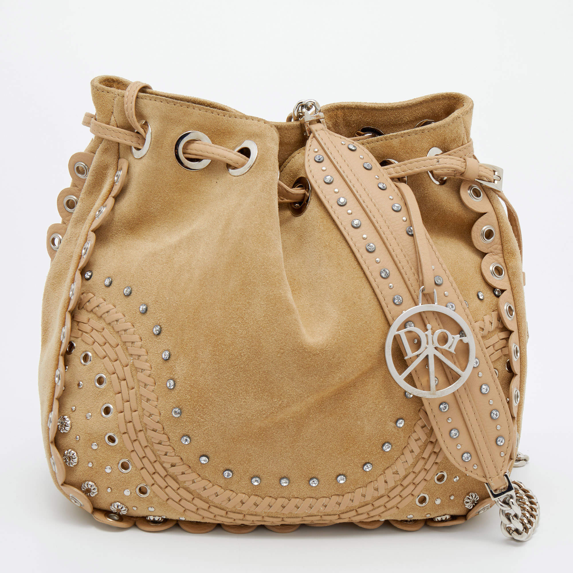 Pre Owned Dior Beige Suede Embellished Bucket Bag