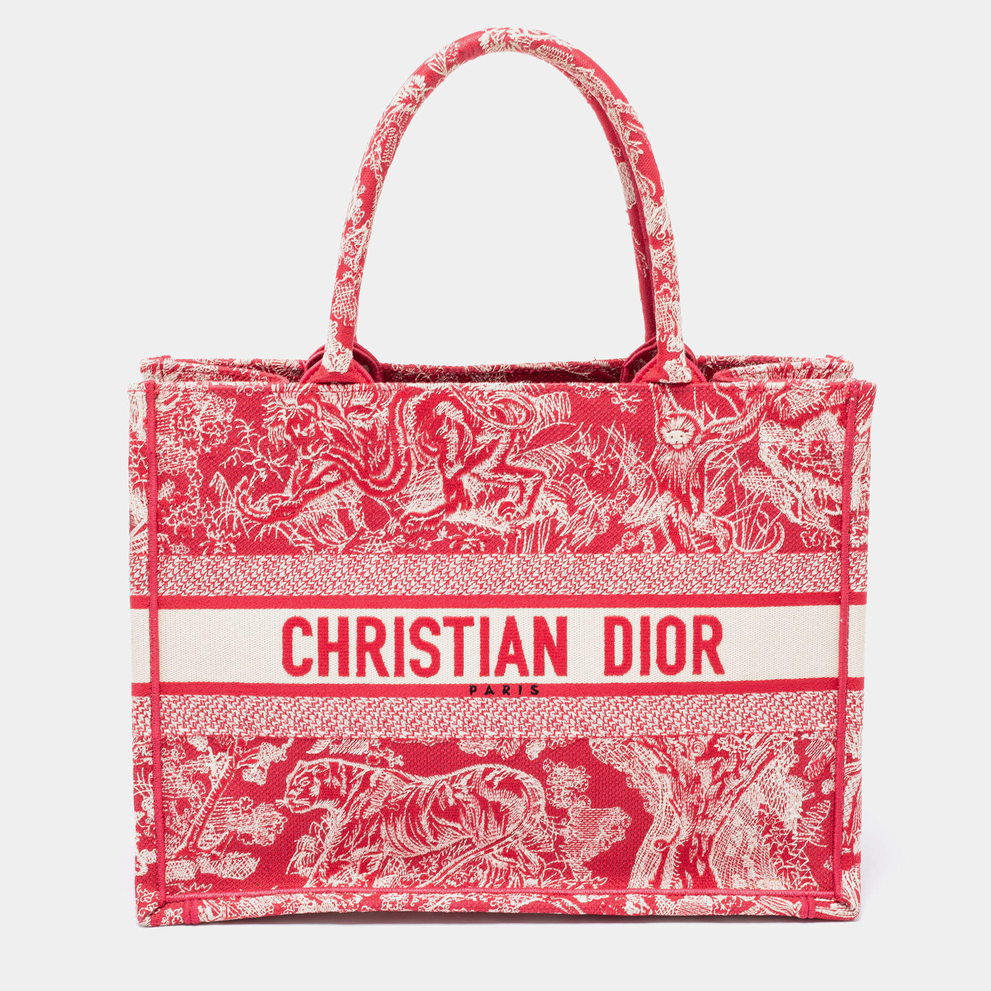 مملوكة مسبقًا حقيبة يد توتس ديور تول دو جوي بوك كانفاس مطرز وردي/أبيض متوسطة