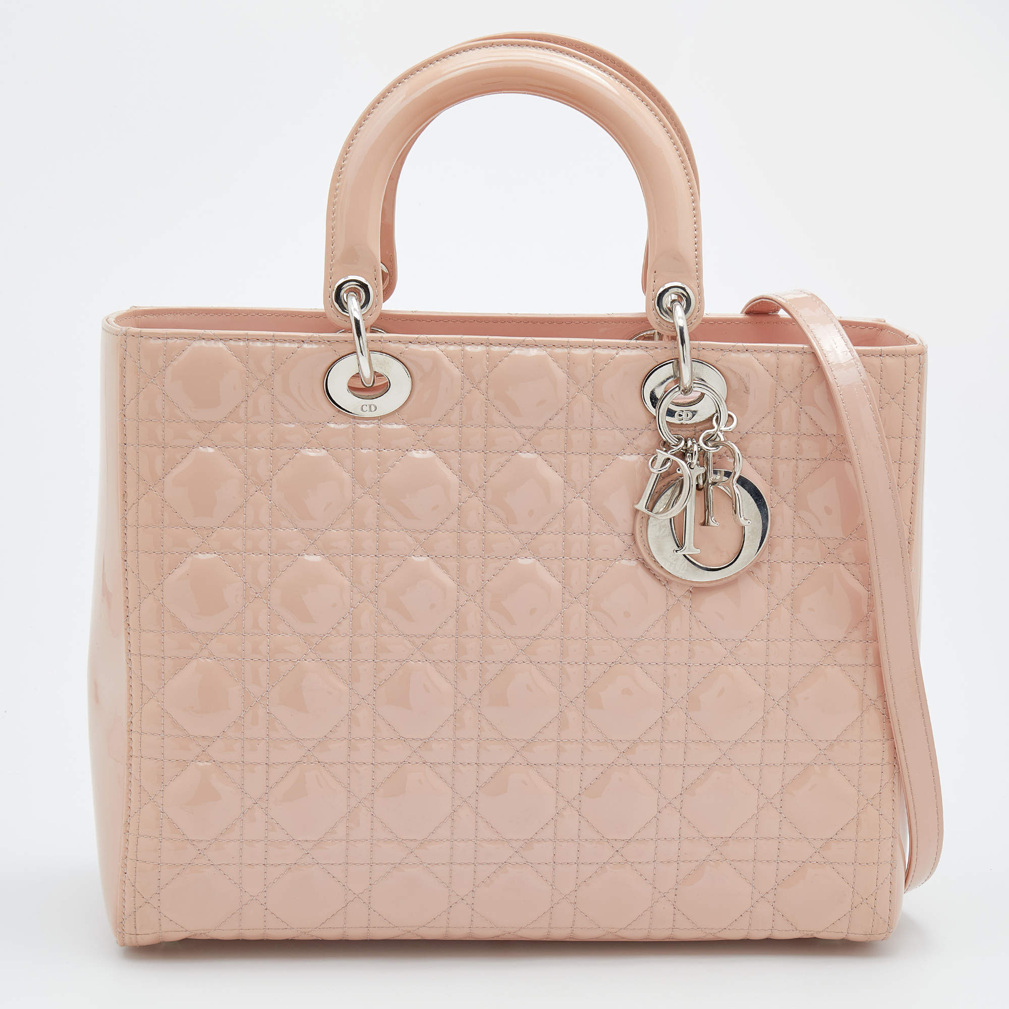 Pre Owned Dior Beige Cannage Patent Leather Large Lady Dior Tote