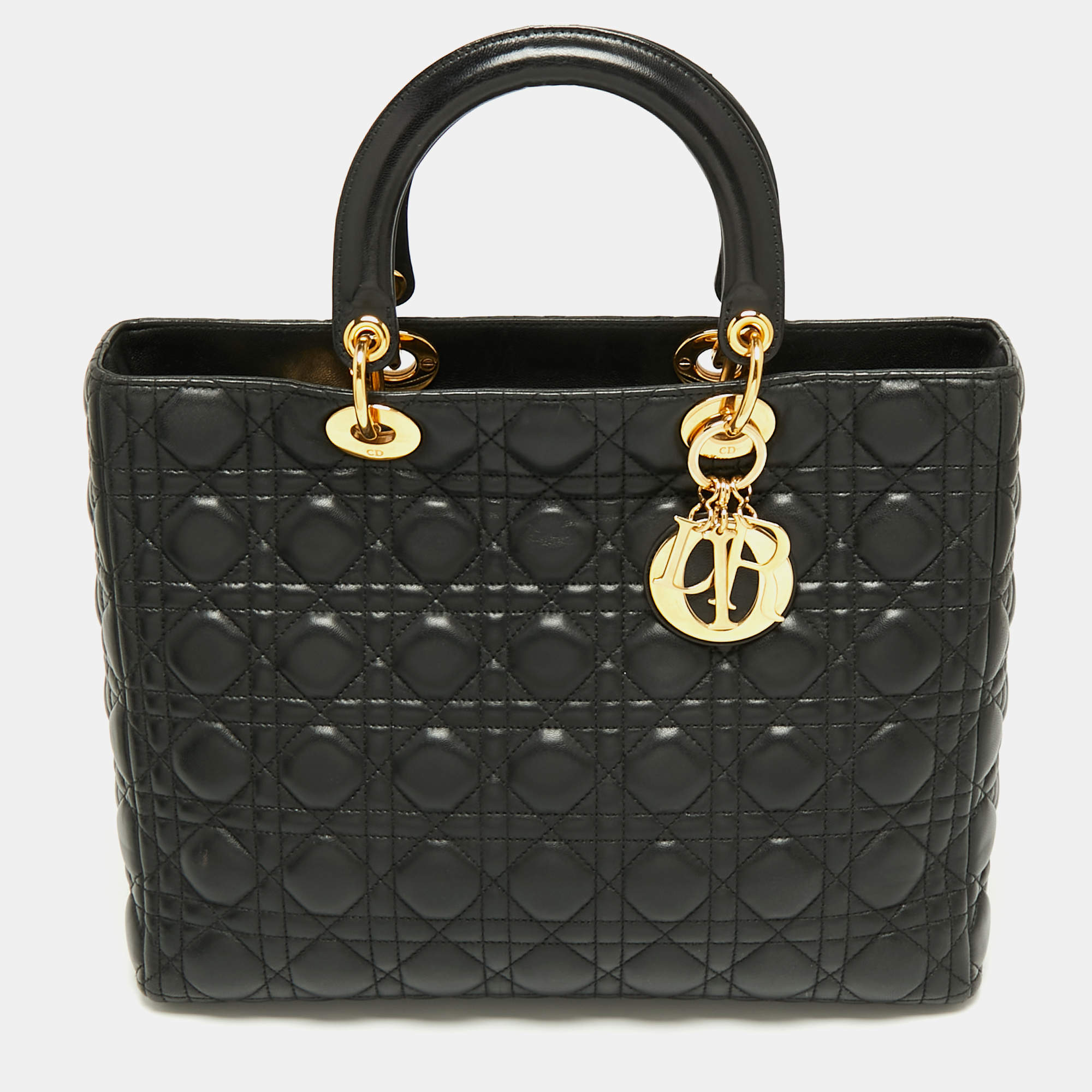 Pre Owned Dior Black Cannage Leather Large Lady Dior Tote
