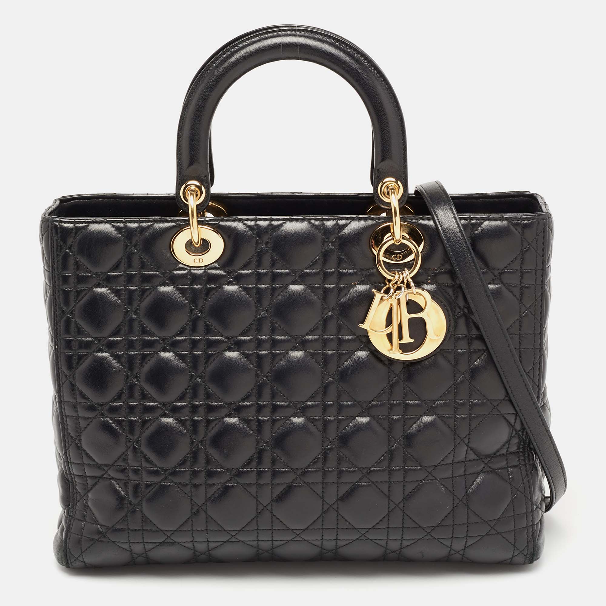 Pre Owned Dior Black Cannage Leather Large Lady Dior Tote