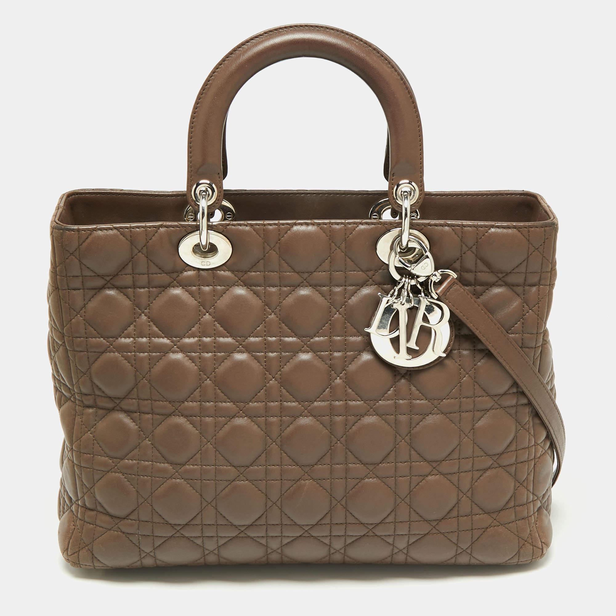 Pre Owned Dior Brown Cannage Leather Large Lady Dior Tote