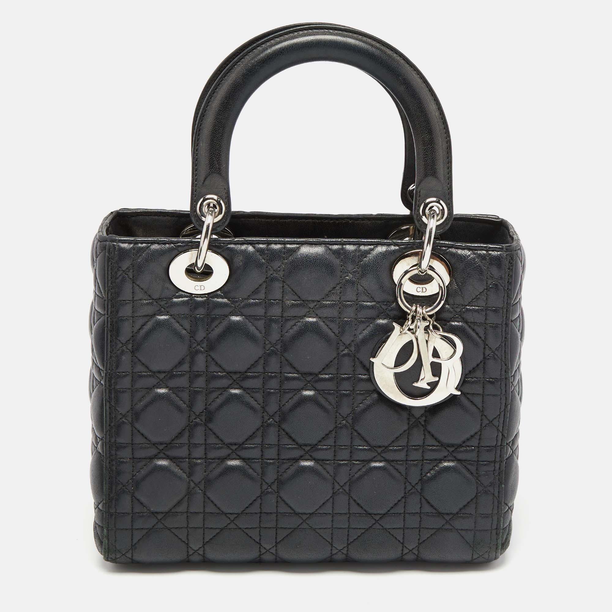 Pre Owned Dior Black Cannage Leather Medium Lady Dior Tote