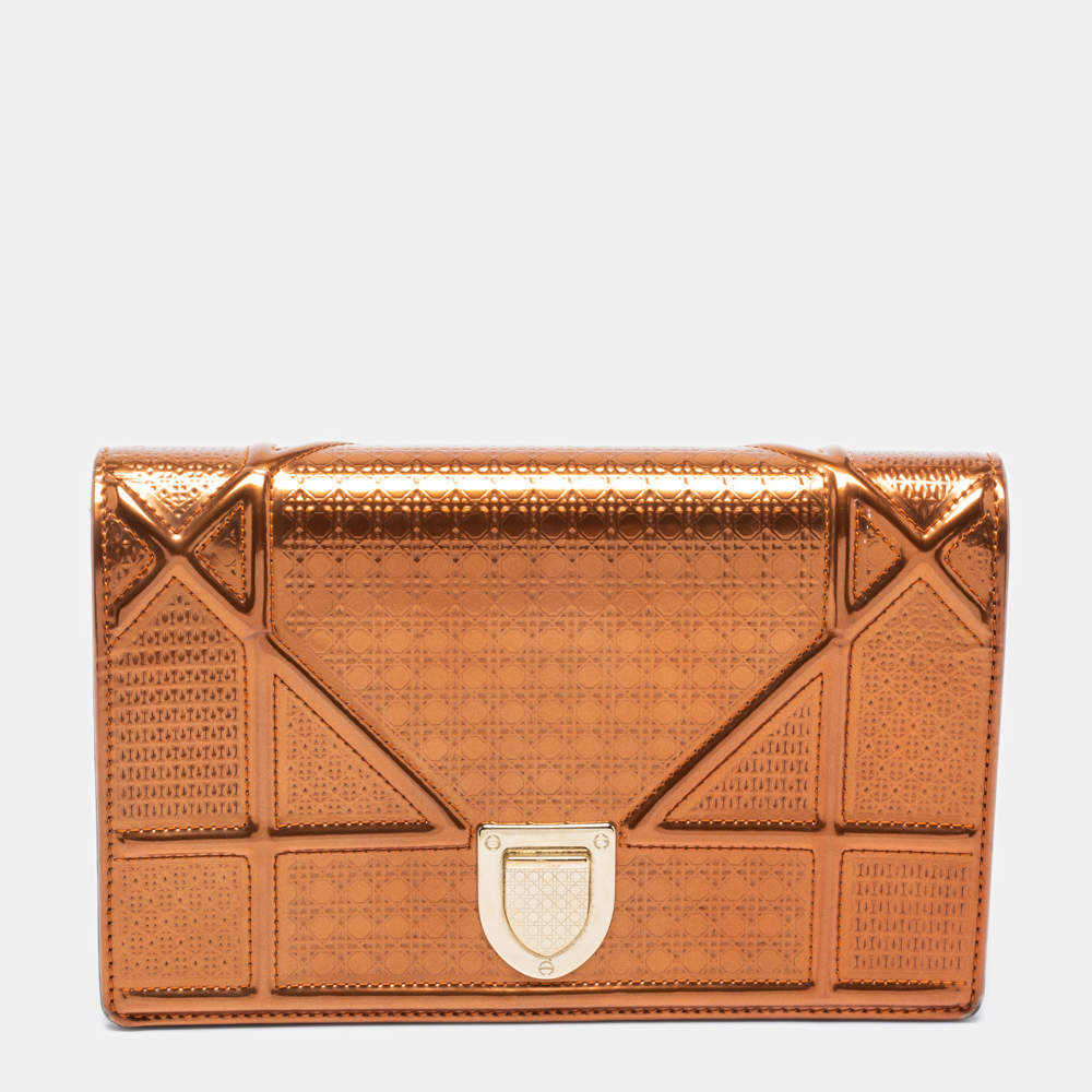 Pre Owned Dior Metallic Bronze Micro Cannage Patent Leather Diorama Wallet on Chain 
