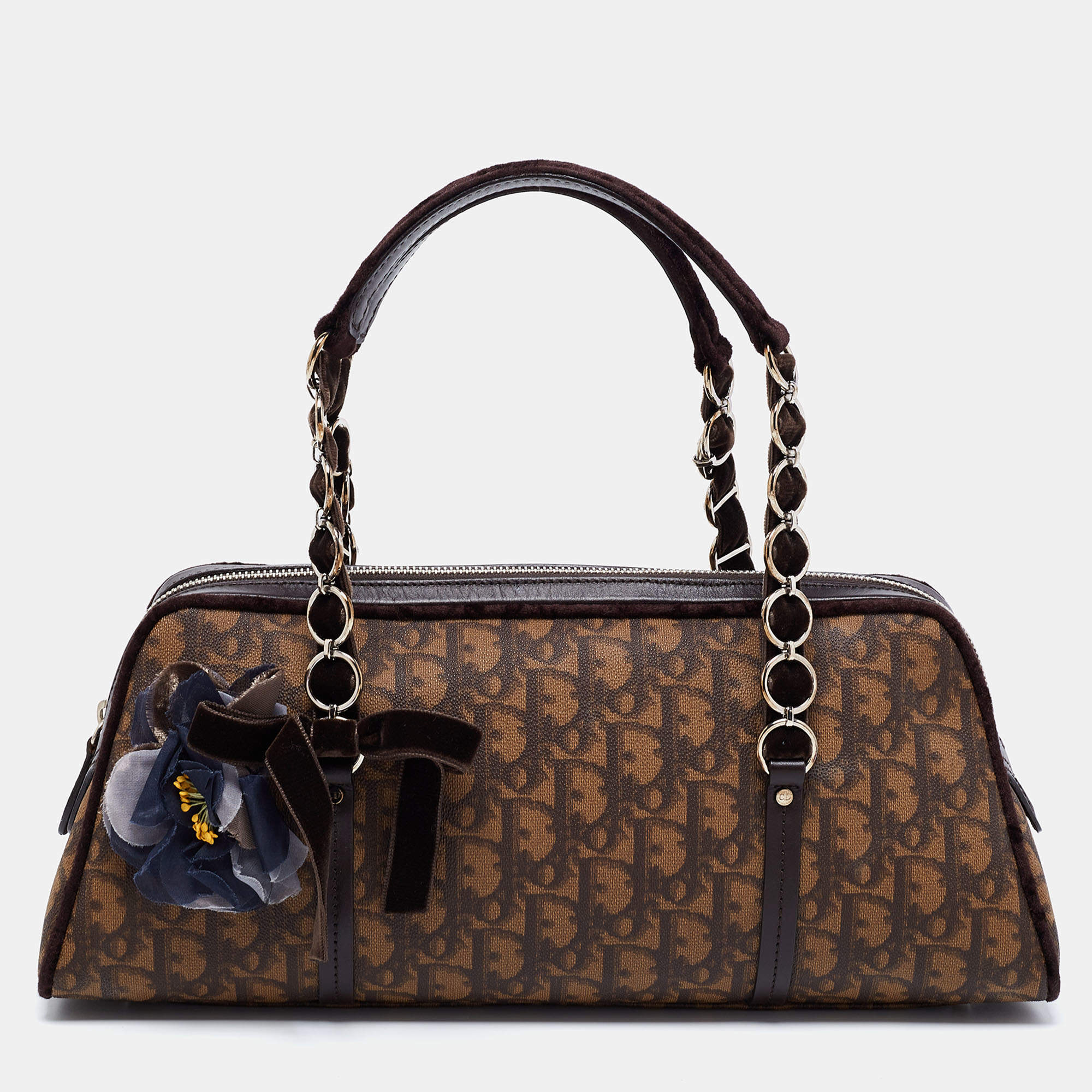 Pre Owned حقيبة ساتشل ديور تروتر رومانتيك جلد وقطيفة وكانفاس مقوى مائل بني 