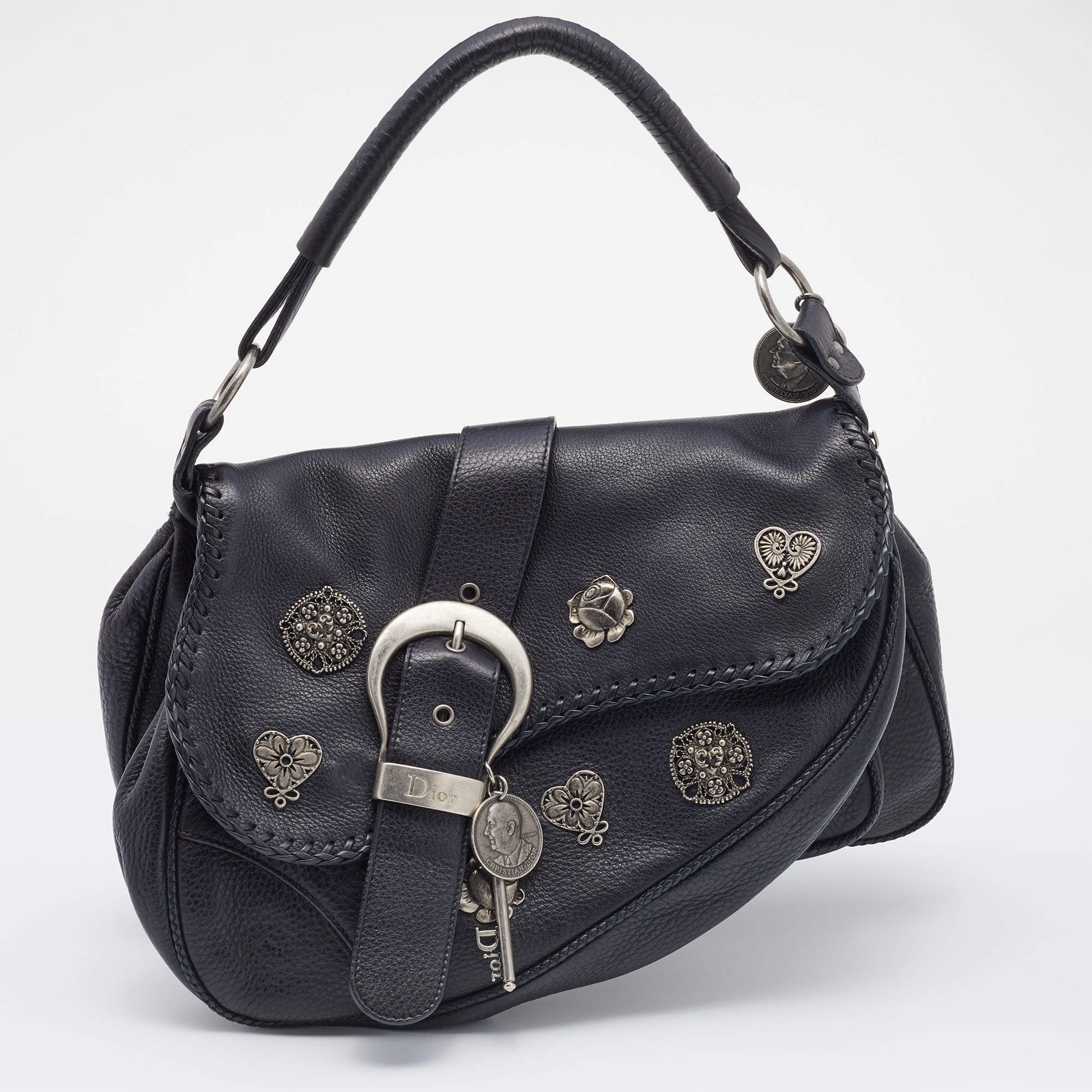 Pre Owned Dior Black Leather Charms Whipstitch Gaucho Double Saddle Bag