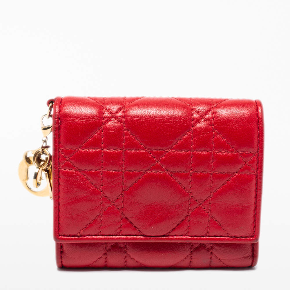 Pre Owned Dior Red Cannage Leather Lady Dior Trifold Compact Wallet