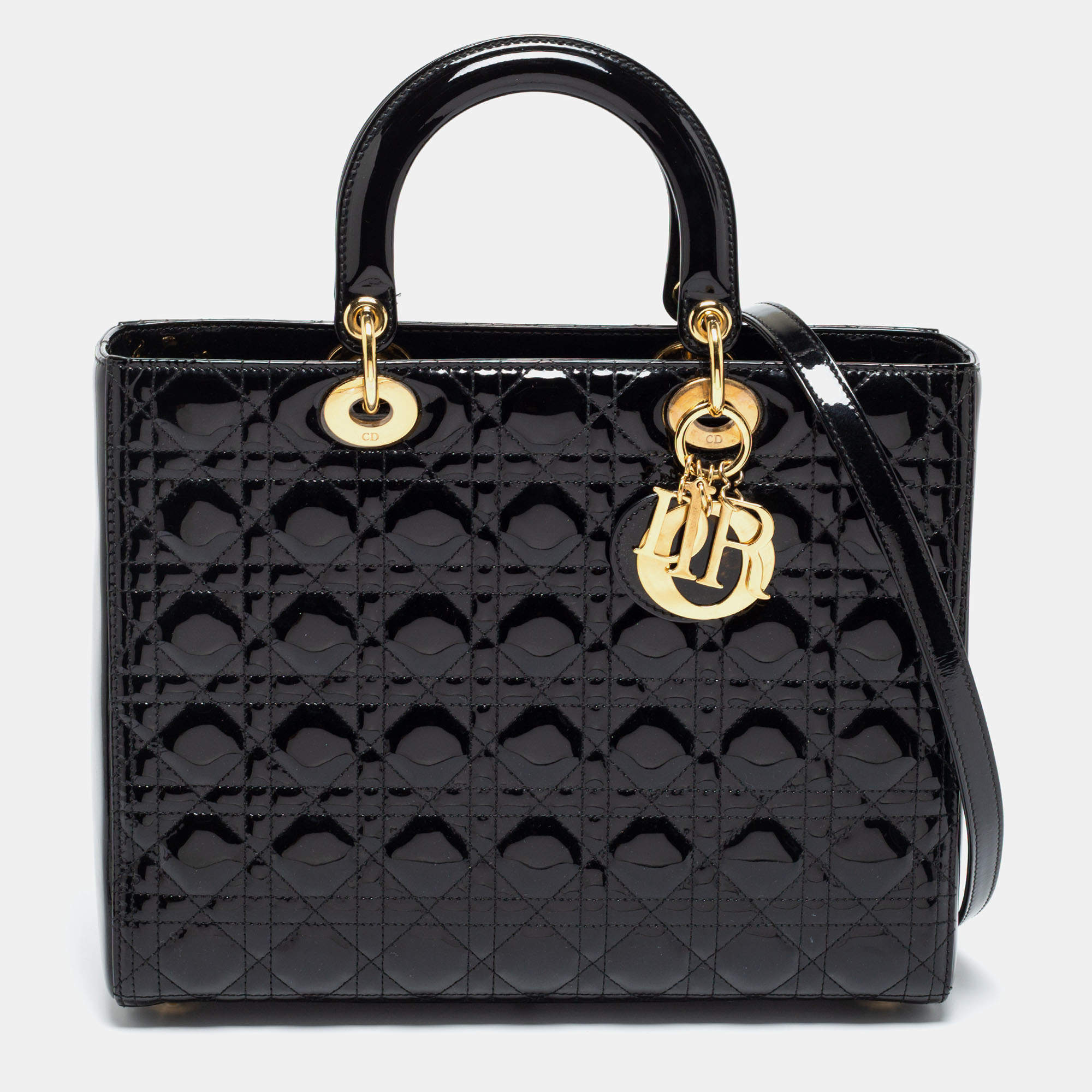 Pre Owned Dior Black Cannage Patent Leather Large Lady Dior Tote