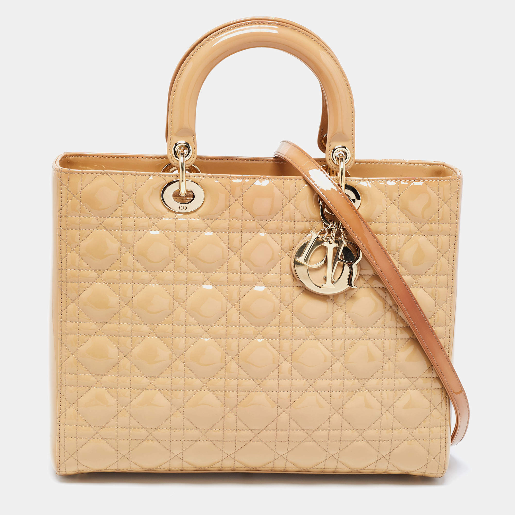 Pre Owned Dior Beige Cannage Patent Leather Large Lady Dior Tote