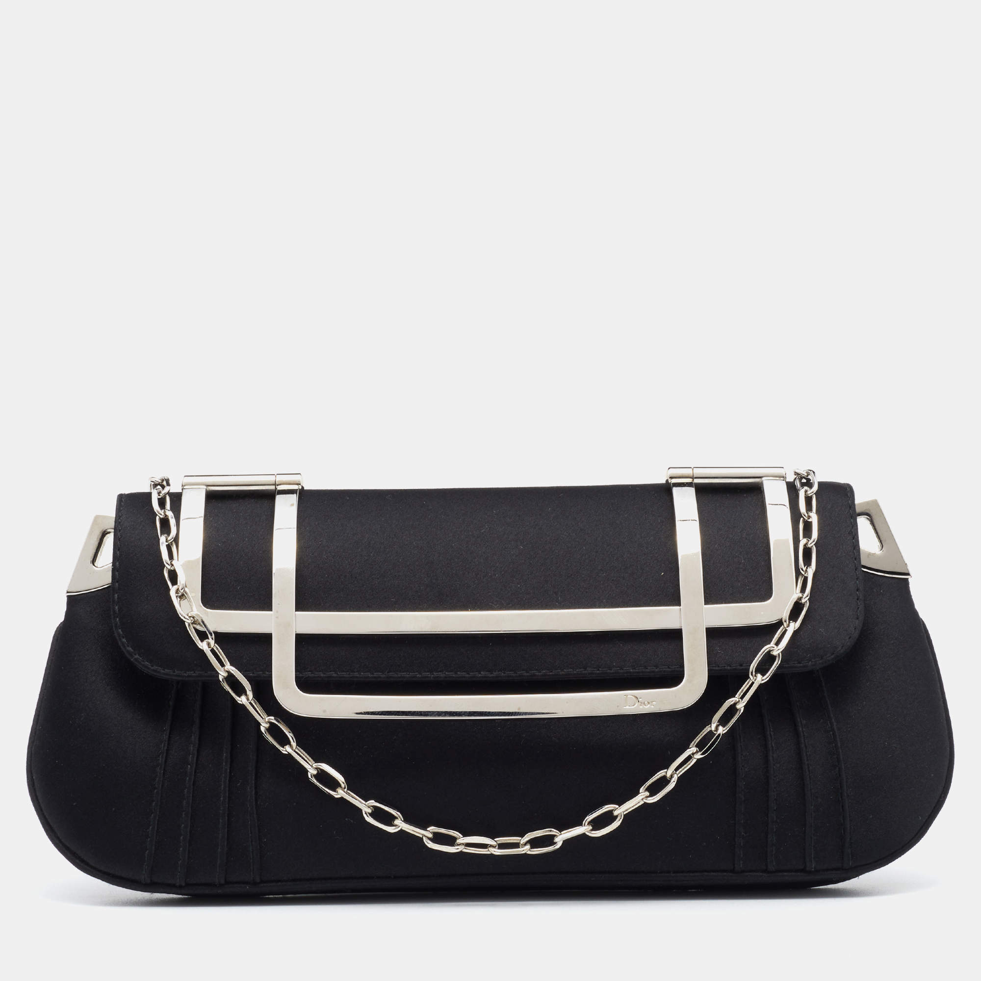 Pre Owned Dior Black Pleated Satin Frame Chain Clutch