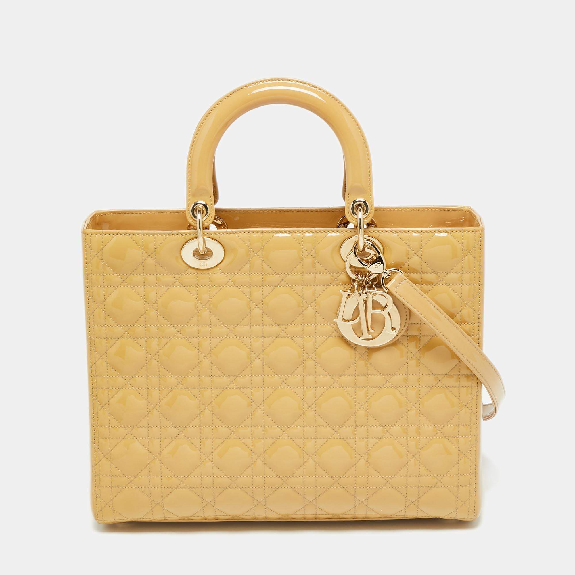 Pre Owned Dior Beige Cannage Patent Leather Large Lady Dior Tote