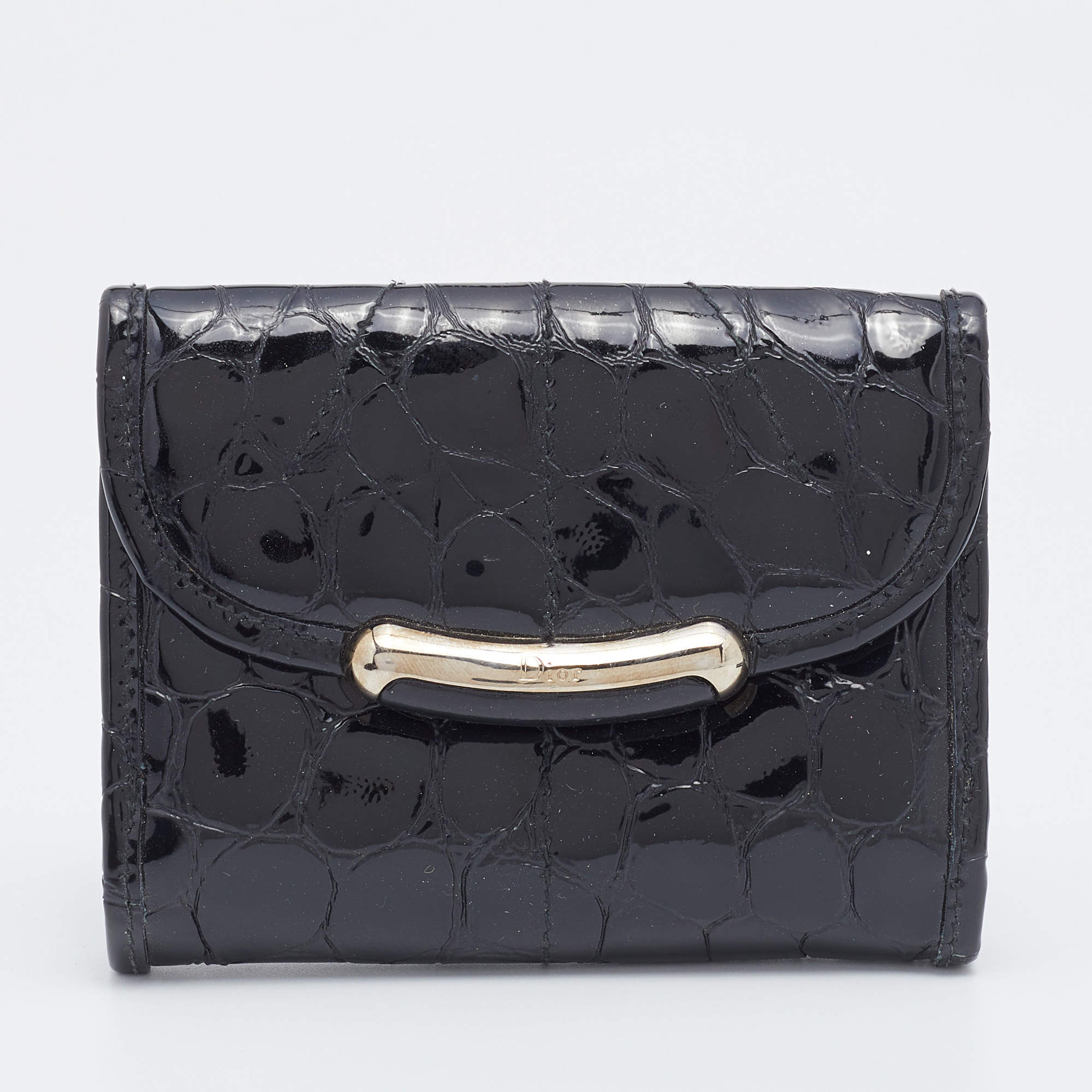 Dior Black Croc Embossed Patent Leather Compact Wallet