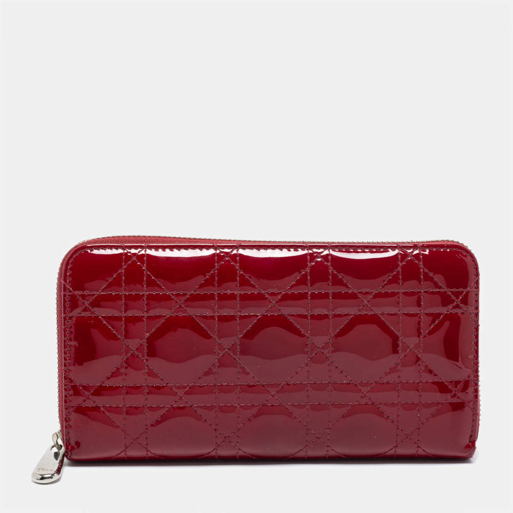 Pre Owned Dior Red Cannage Patent Leather Lady Dior Zip Around Wallet