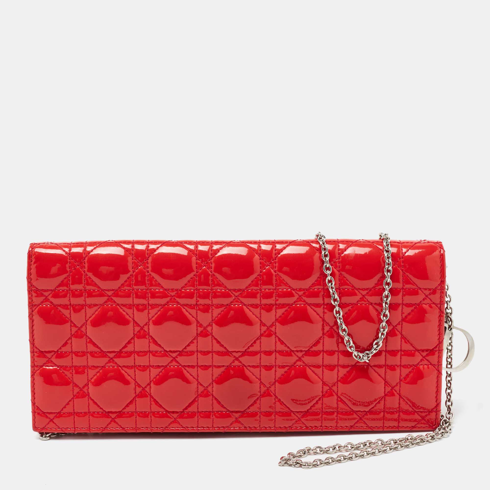 Pre Owned Dior Coral Red Quilted Cannage Patent Leather Lady Dior Chain Clutch