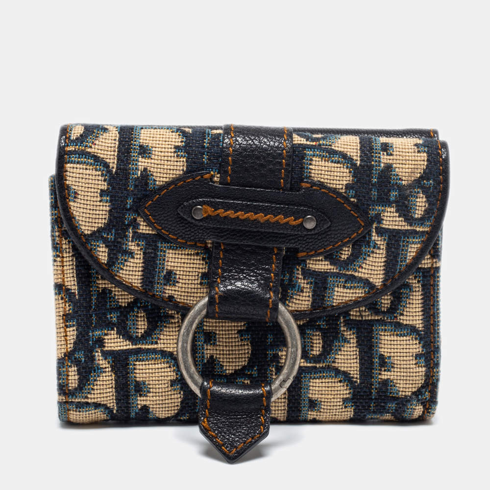 مملوكة مسبقًا محفظة كومباكت ديور جلد وكانفاس مائل بيج / أزرق كحلي