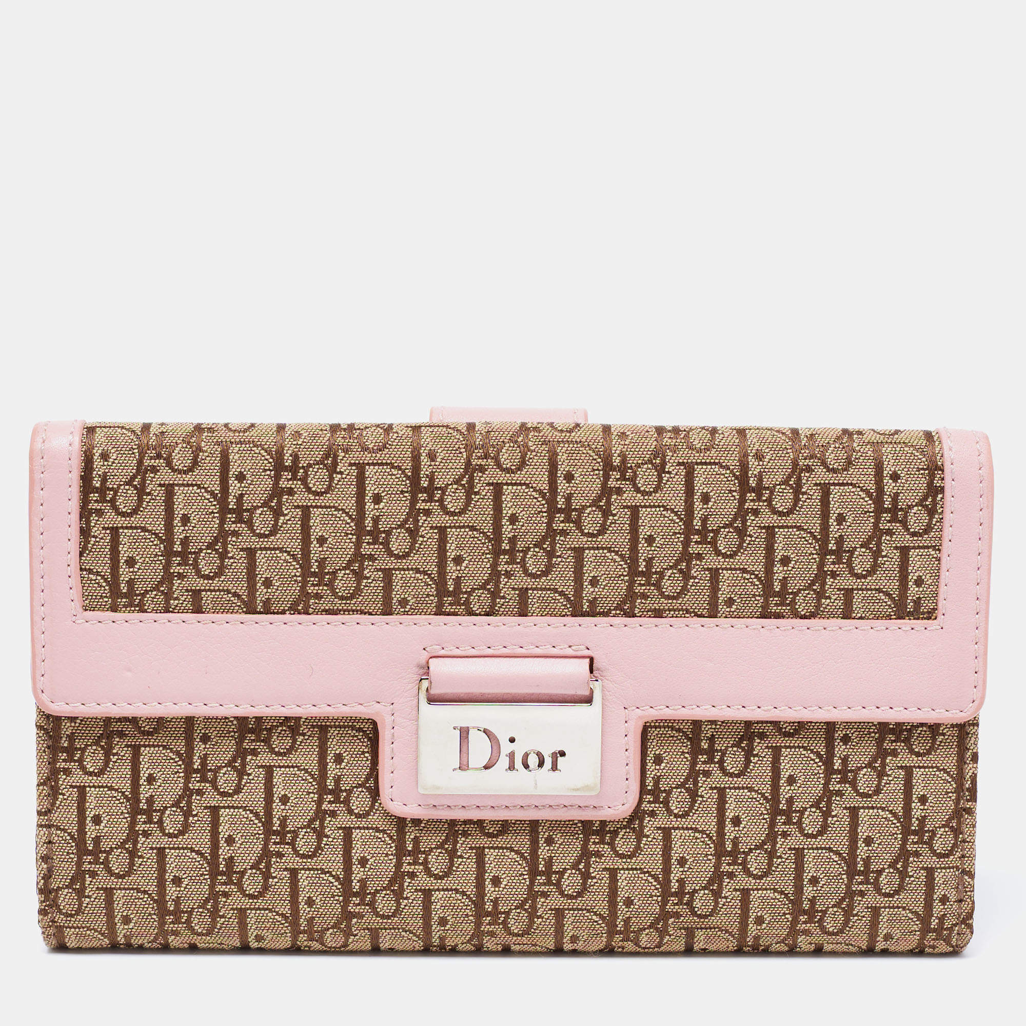 Pre Owned Dior Beige/Pink Oblique Canvas And Leather Flap Continental Wallet