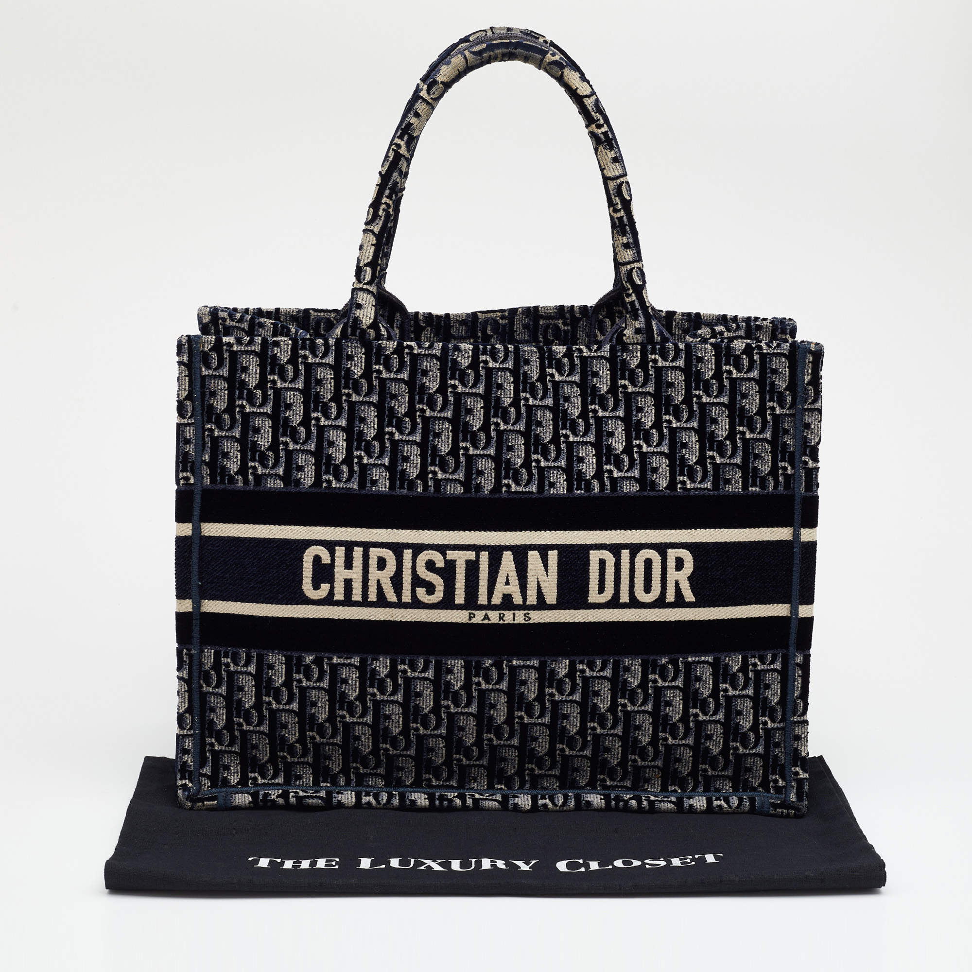 Christian Dior Navy Oblique Canvas & Velour Book Tote Medium