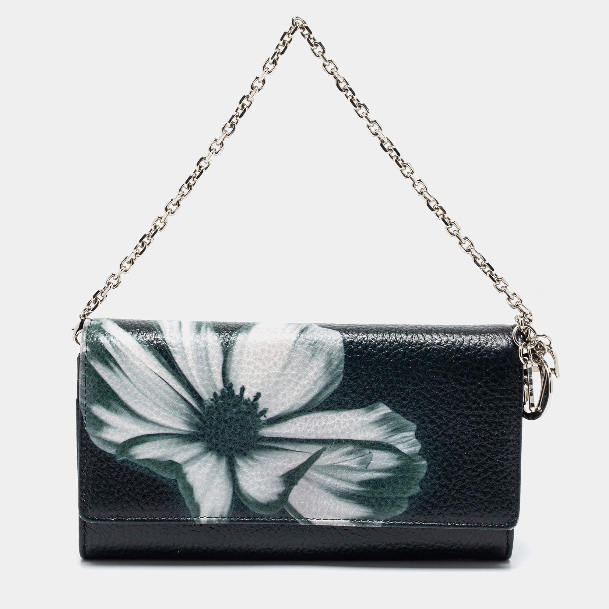 Pre Owned Dio Black Leather Lady Dior Wallet On Chain