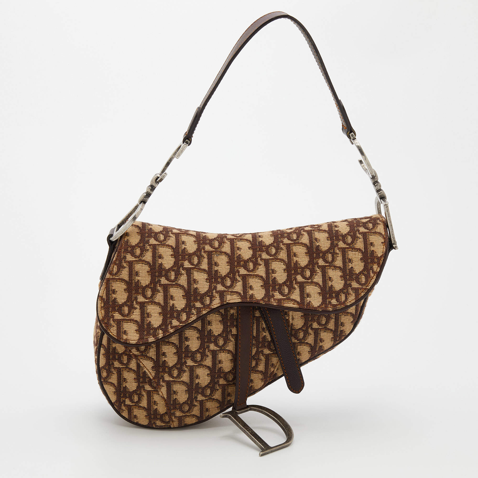 Pre Owned Dior Beige/Brown Oblique Canvas Saddle Shoulder Bag