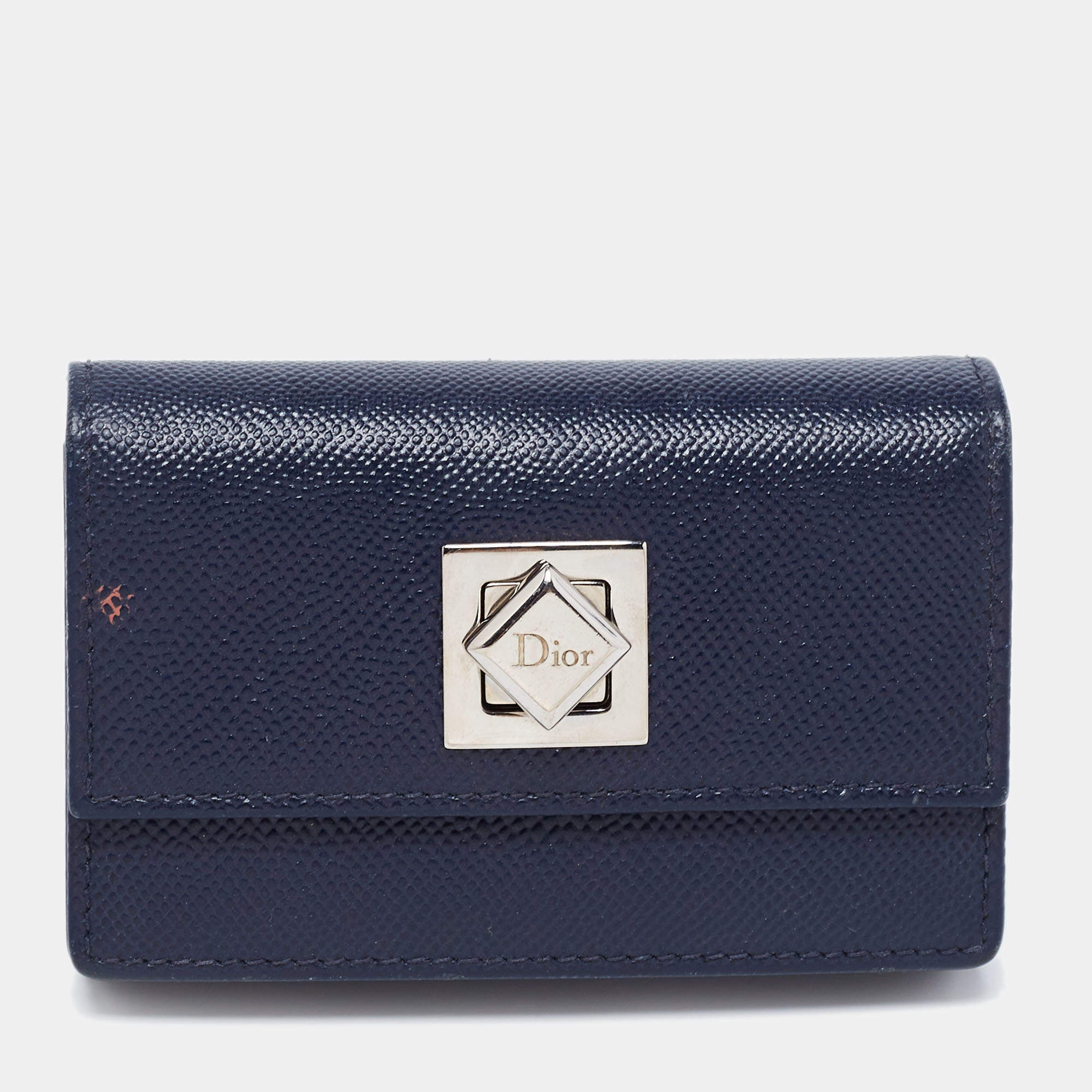 Pre Owned Dior Navy Blue Leather Turn Me Gusset Card Case