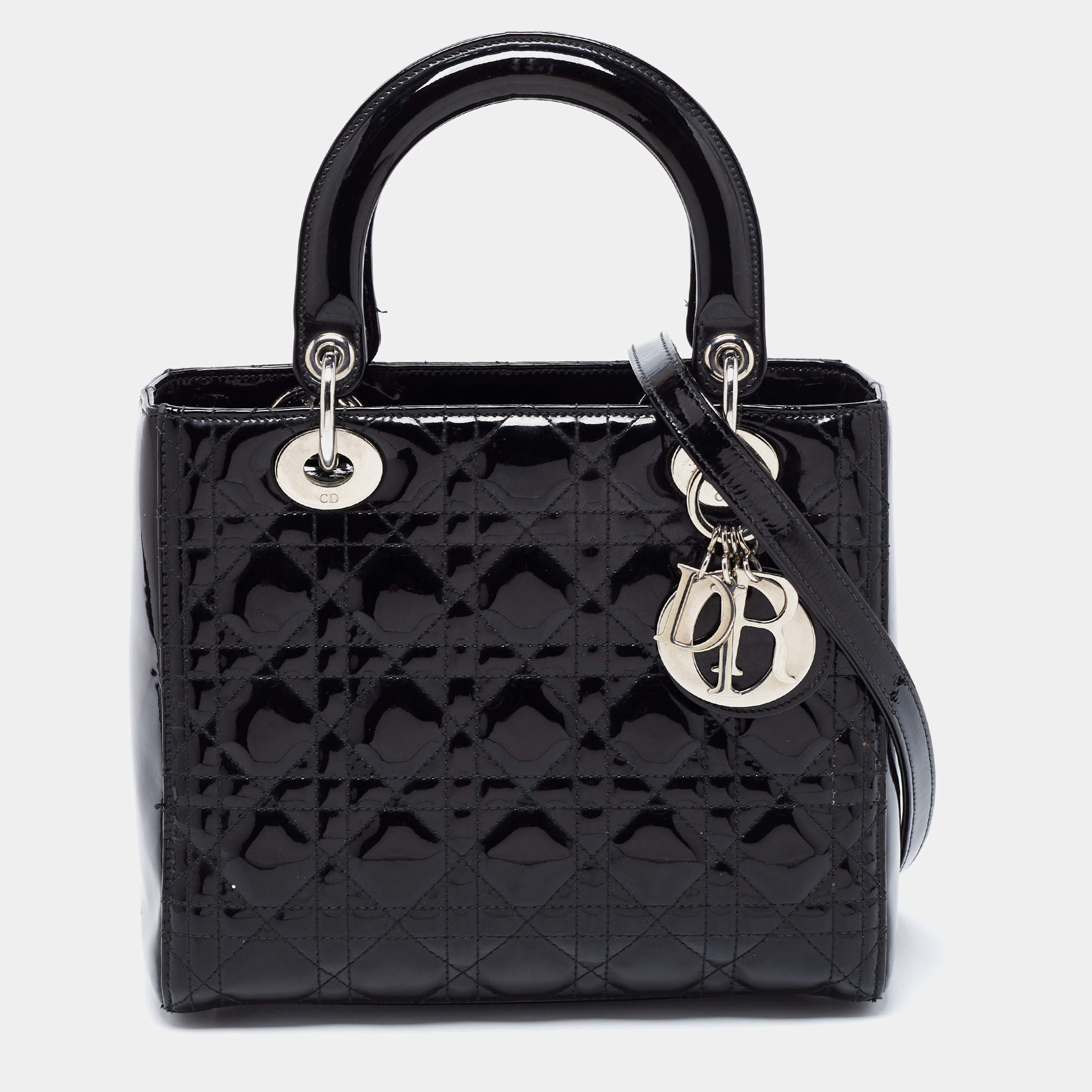 Pre Owned حقيبة يد توتس ديور ليدي ديور جلد كاناج أسود لامع متوسطة