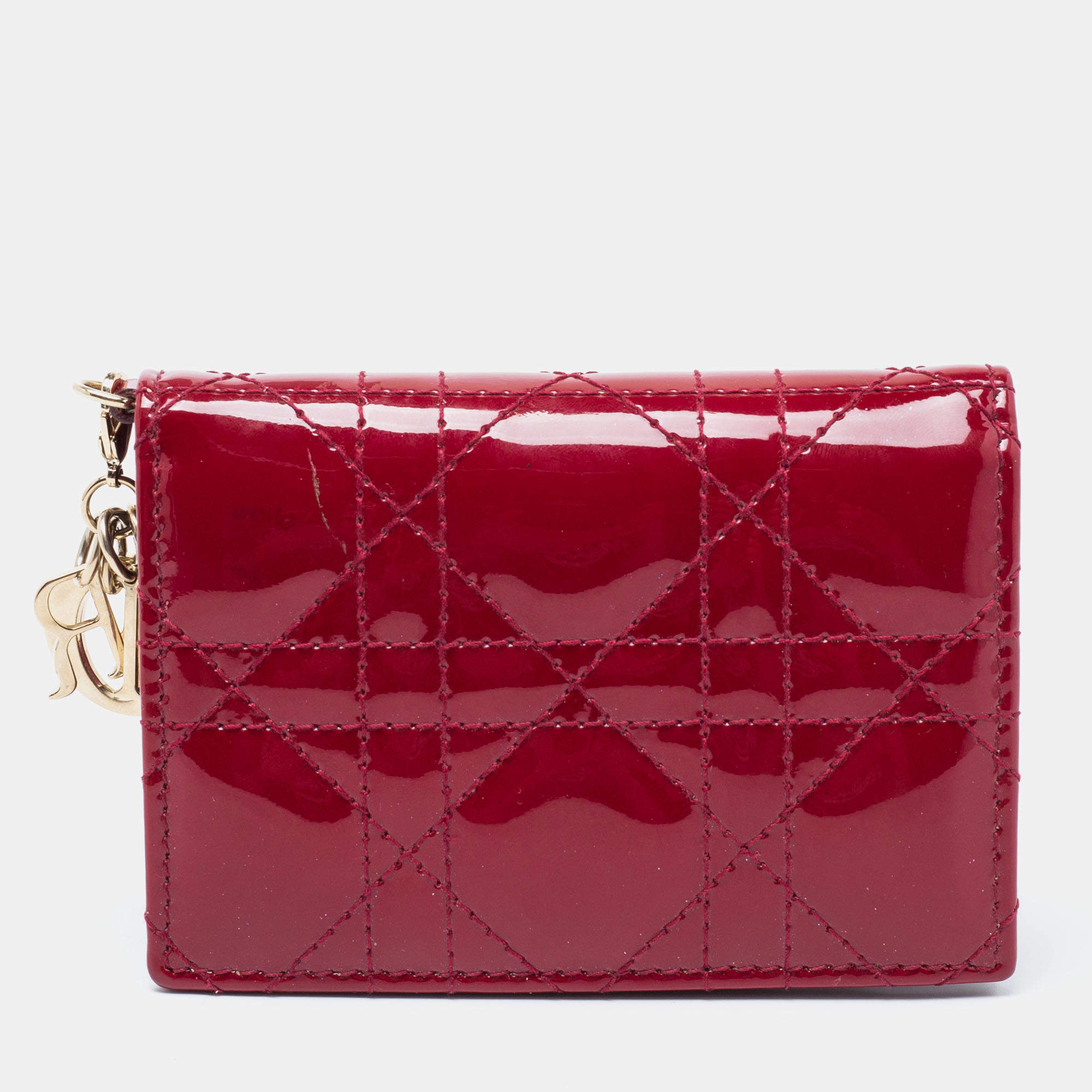 Pre Owned Dior Maroon Cannage Patent Leather Lady Dior Card Holder