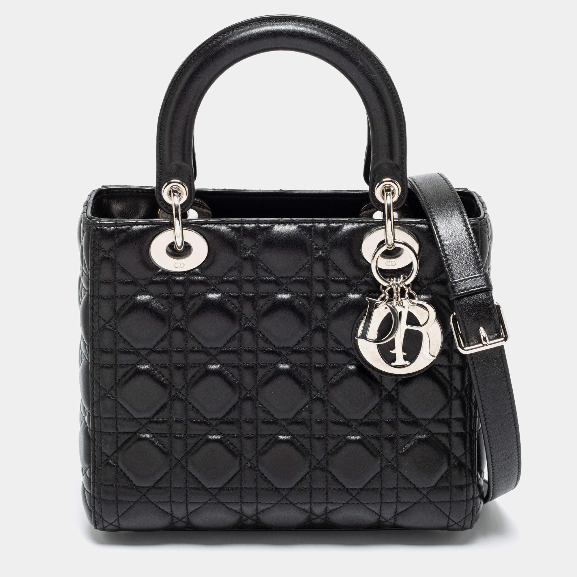 Pre Owned Dior Black Cannage Leather Medium Lady Dior Tote 
