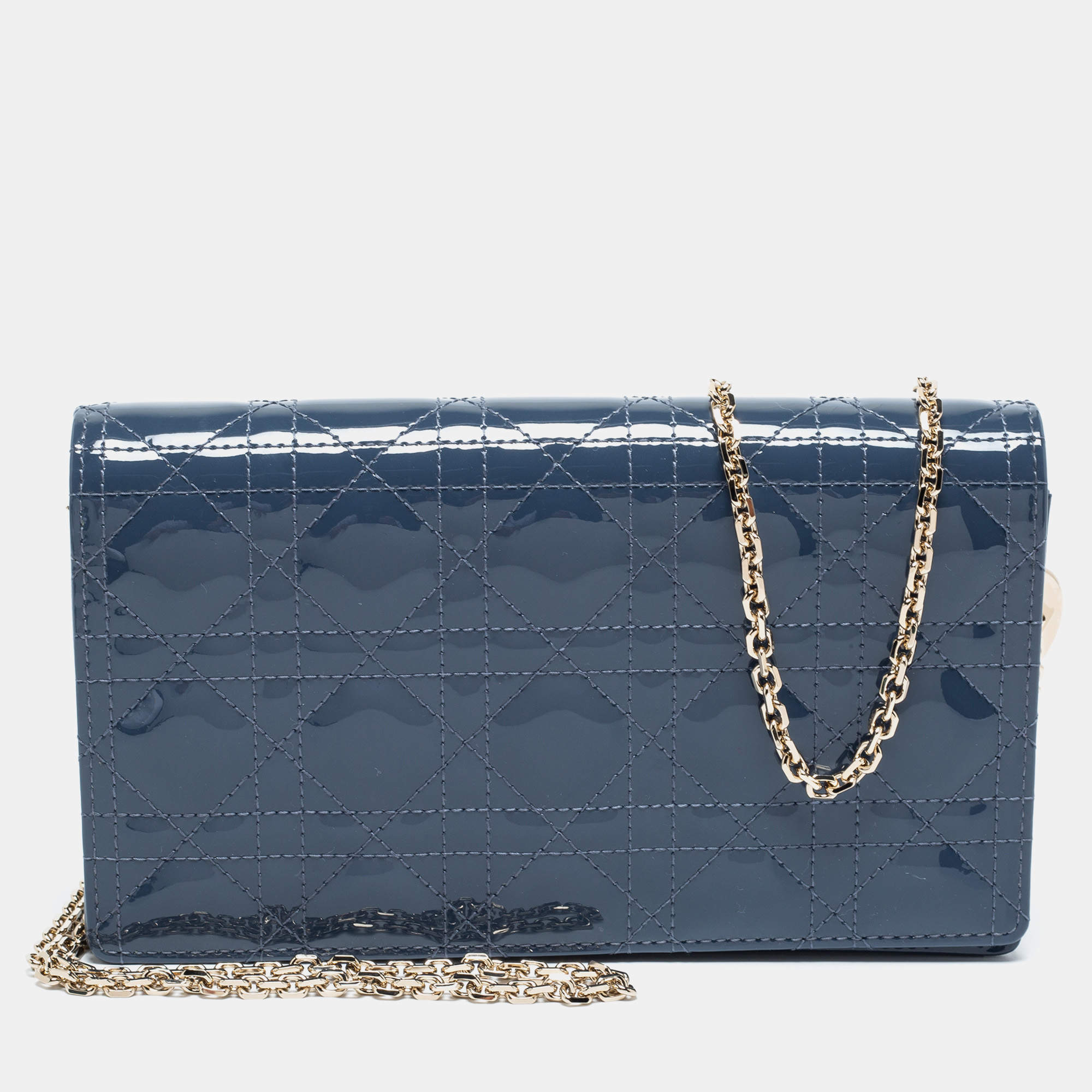 Pre Owned محفظة ديور ليدي ديور جلد كاناج أزرق لامع بسلسلة