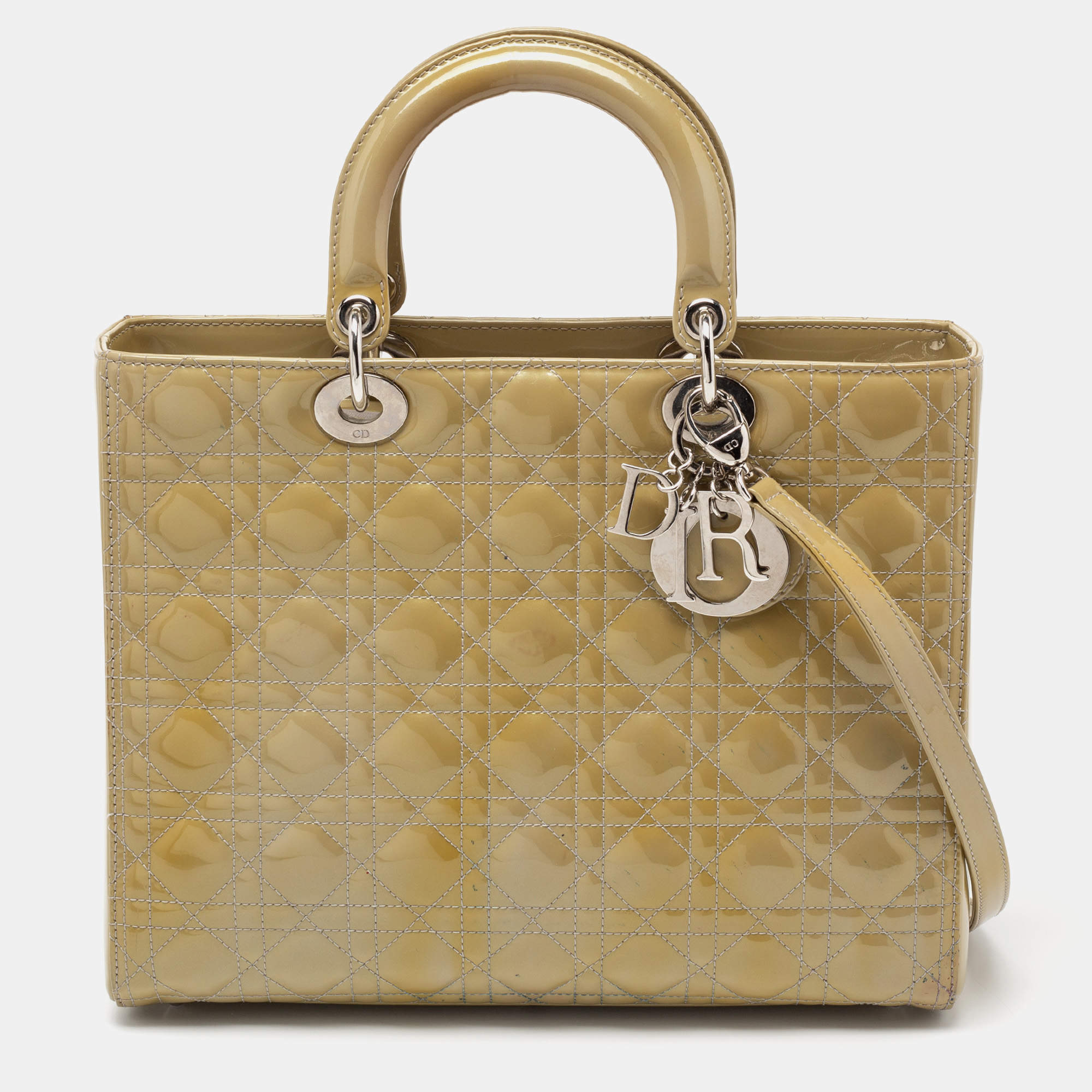مملوكة مسبقًا Dior Light Green Cannage Patent Leather Large Lady Dior Tote