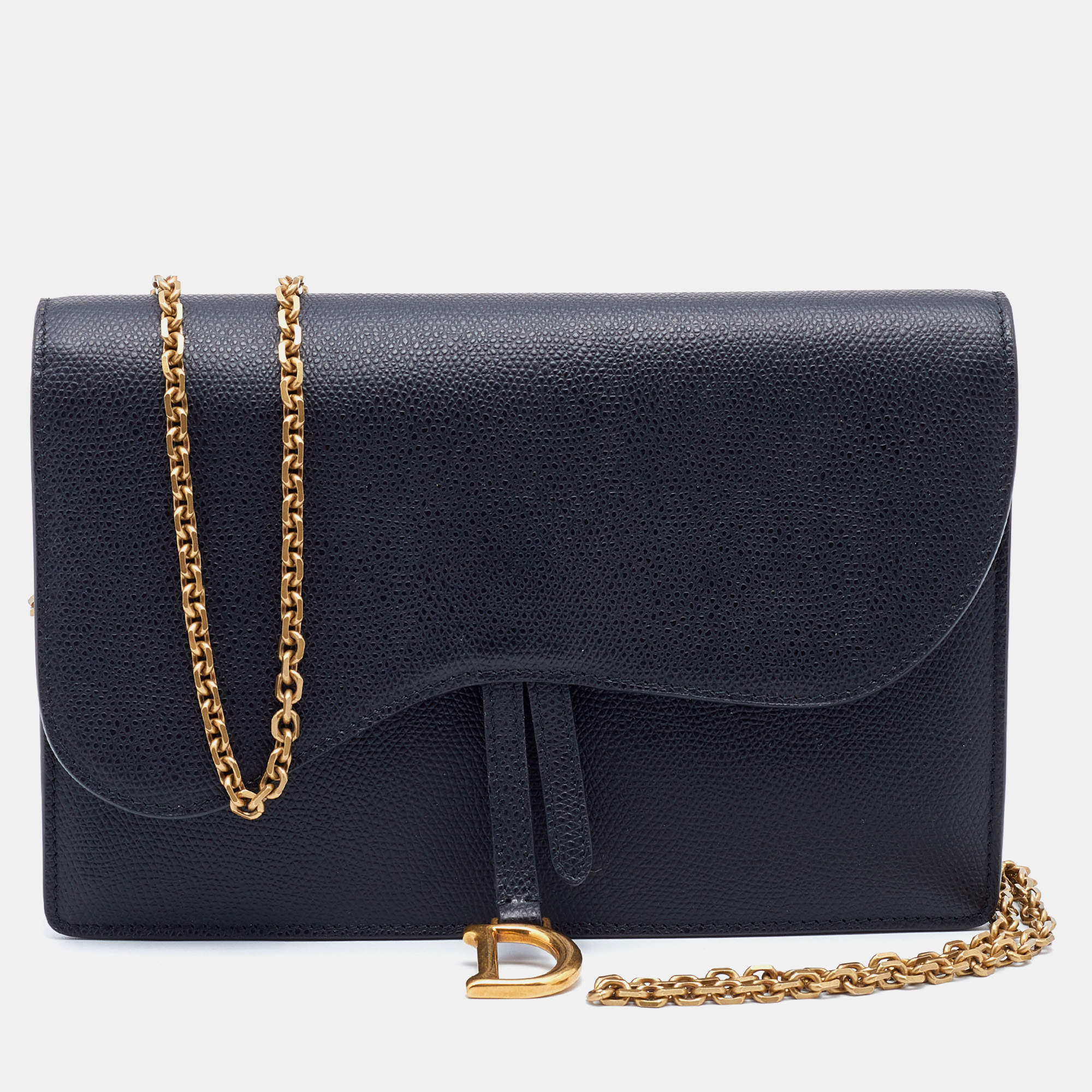 Pre Owned Dior Black Grained Leather Saddle Chain Pouch