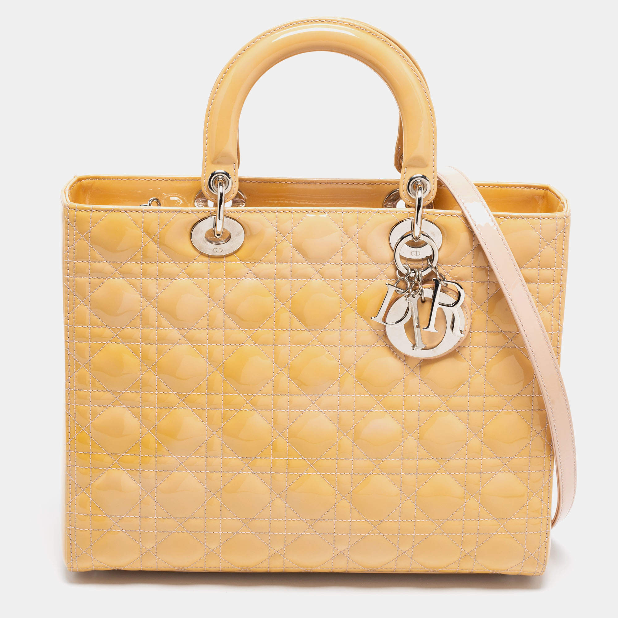 Pre Owned Dior Yellow/Pink Cannage Patent Leather Large Lady Dior Tote