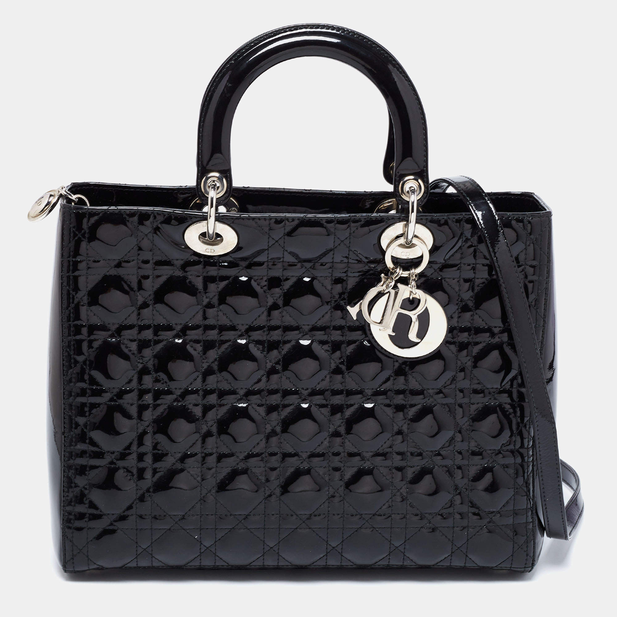 Pre Owned Dior Black Cannage Patent Leather Large Lady Dior Tote